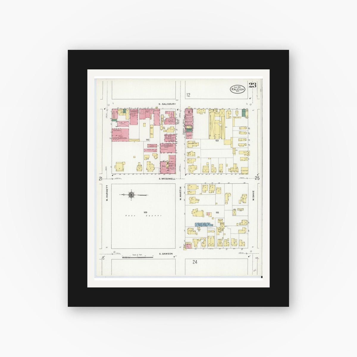 Old map wall art mockup — black gallery frame with white mat — Sanborn Fire Insurance Map from Raleigh, Wake County, North Carolina (1909), Sheet #0023