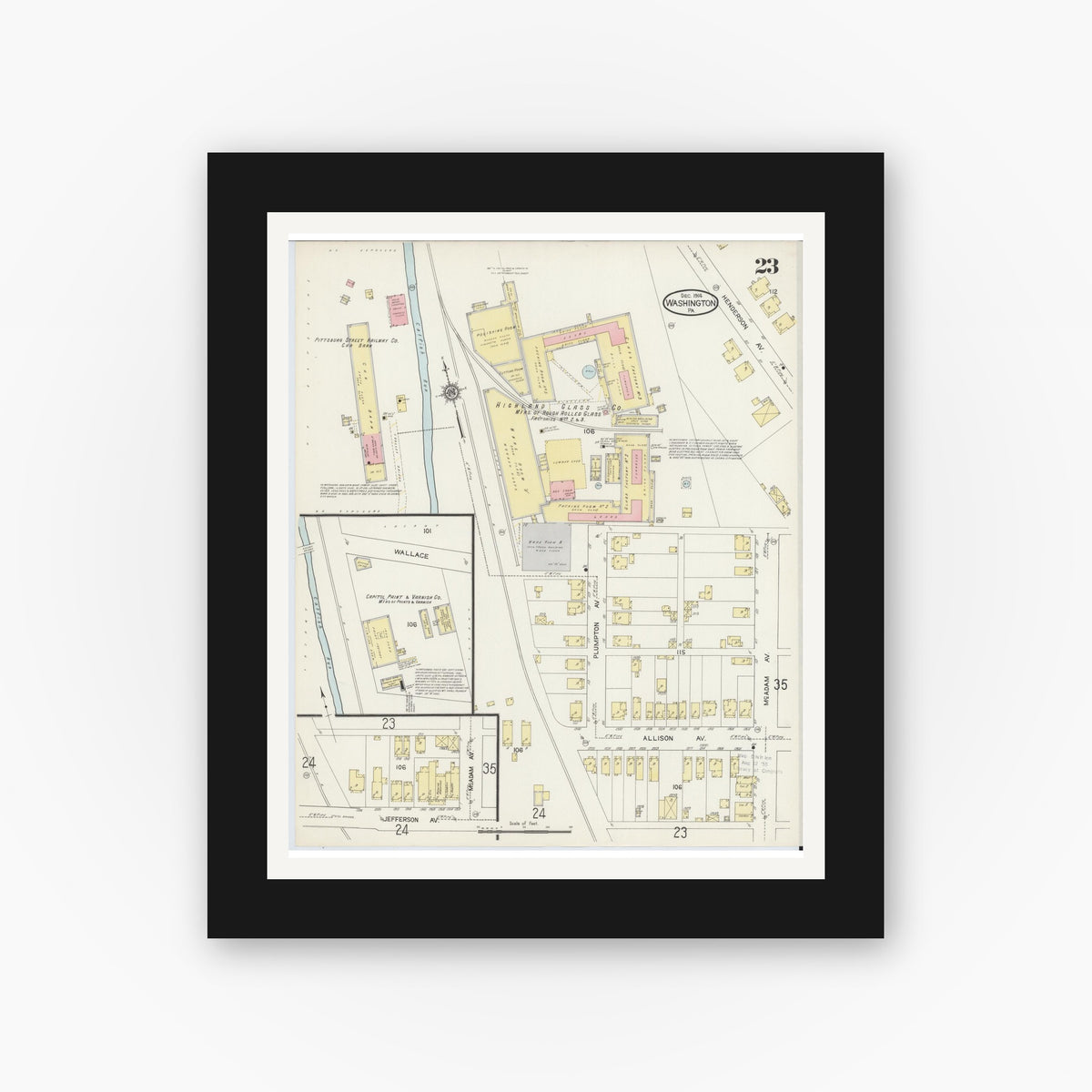 Old map wall art mockup — black gallery frame with white mat — Sanborn Fire Insurance Map from Washington, Washington County, Pennsylvania (1914), Sheet #0023
