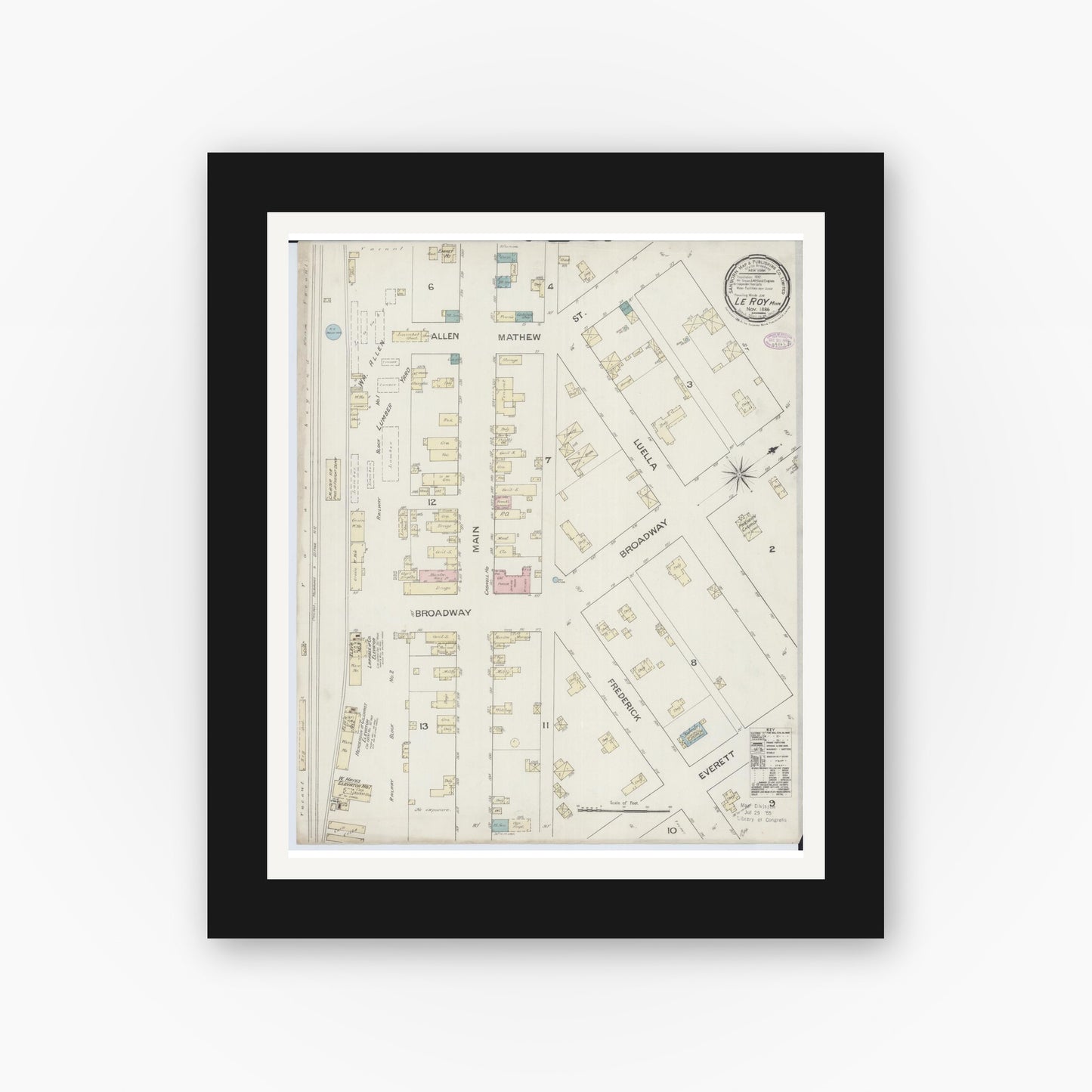Old map wall art mockup — black gallery frame with white mat — Sanborn Fire Insurance Map from Le Roy, Mower County, Minnesota (1886), Sheet #0001