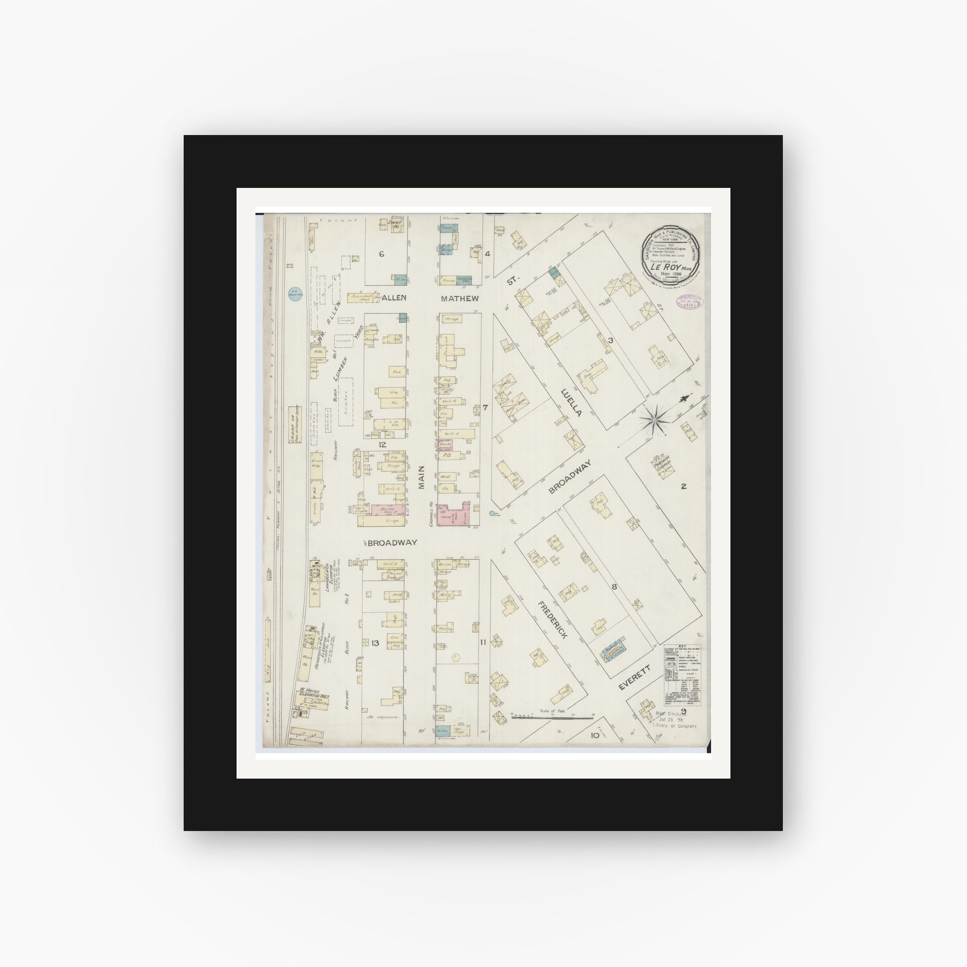 Old map wall art mockup — black gallery frame with white mat — Sanborn Fire Insurance Map from Le Roy, Mower County, Minnesota (1886), Sheet #0001