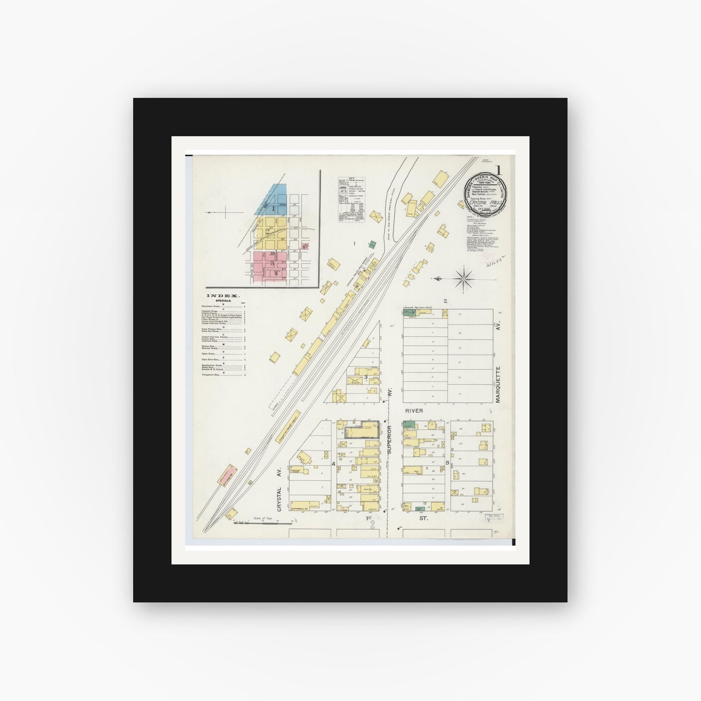 Old map wall art mockup — black gallery frame with white mat — Sanborn Fire Insurance Map from Crystal Falls, Iron County, Michigan (1892) - Complete Map Set