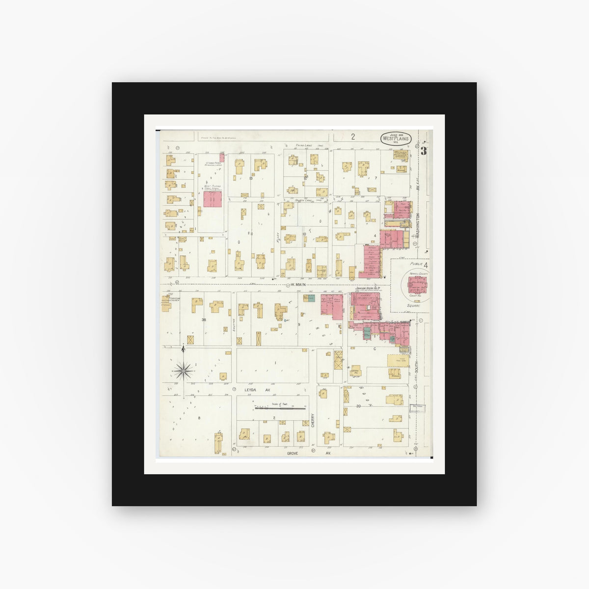 Old map wall art mockup — black gallery frame with white mat — Sanborn Fire Insurance Map from West Plains, Howell County, Missouri (1906), Sheet #0003