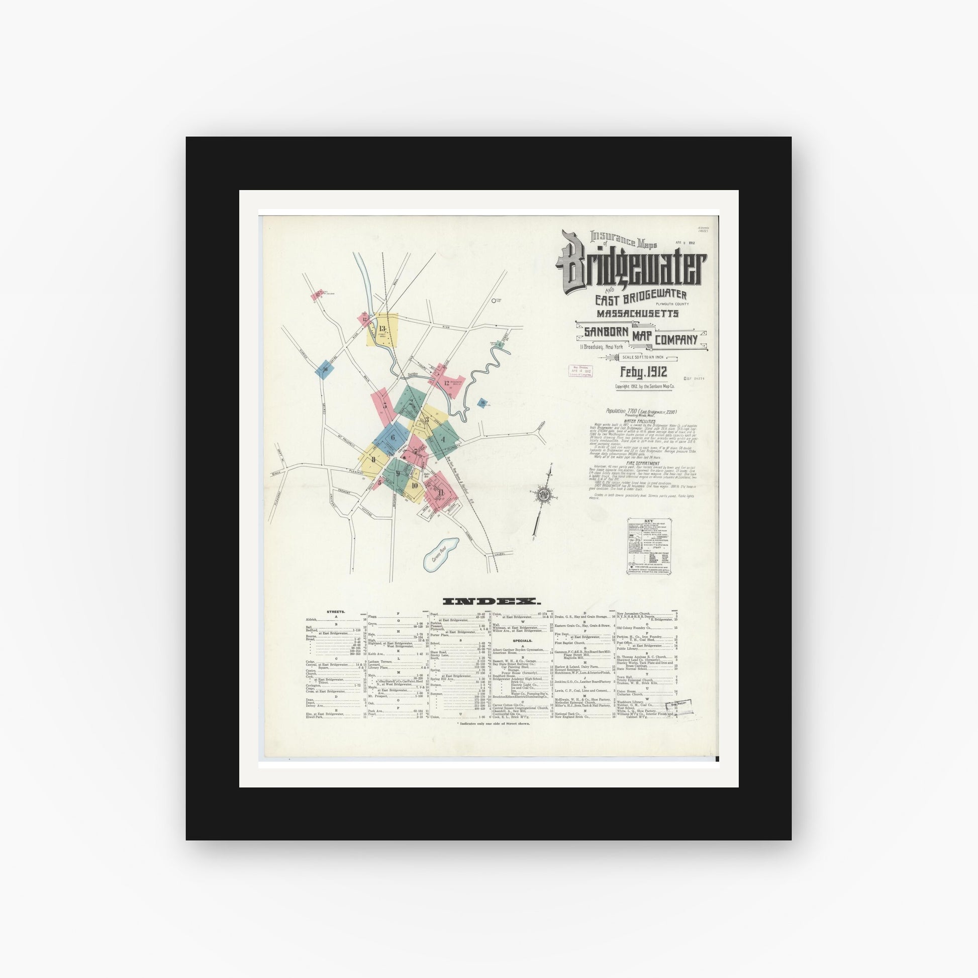 Old map wall art mockup — black gallery frame with white mat — Sanborn Fire Insurance Map from Bridgewater, Plymouth County, Massachusetts (1912) - Complete Map Set