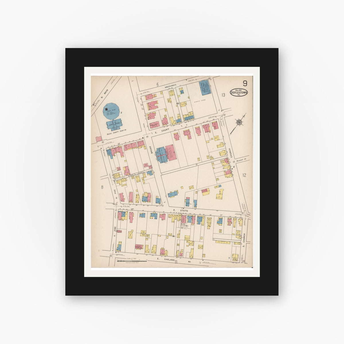 Old map wall art mockup — black gallery frame with white mat — Sanborn Fire Insurance Map from Doylestown, Bucks County, Pennsylvania (1922), Sheet #0009