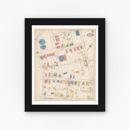 Old map wall art mockup — black gallery frame with white mat — Sanborn Fire Insurance Map from Doylestown, Bucks County, Pennsylvania (1922), Sheet #0009
