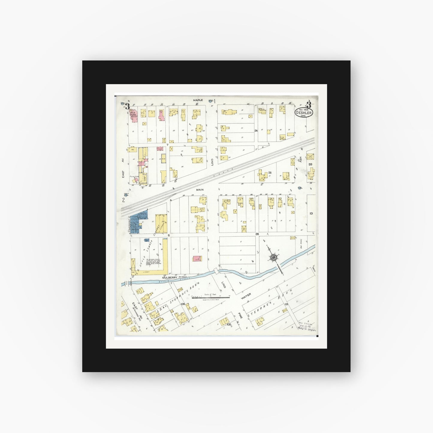 Old map wall art mockup — black gallery frame with white mat — Sanborn Fire Insurance Map from Deshler, Henry County, Ohio (1923), Sheet #0003