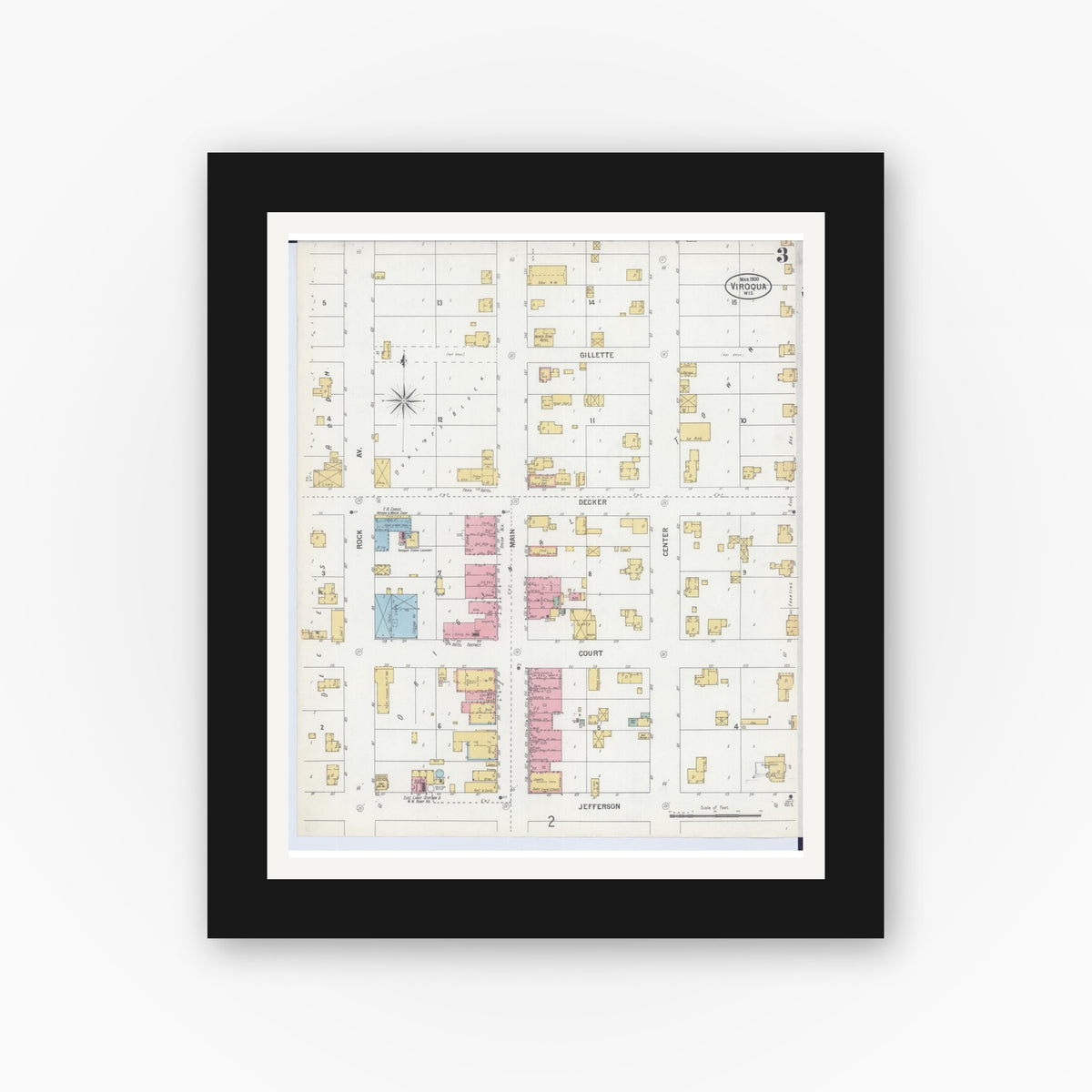 Old map wall art mockup — black gallery frame with white mat — Sanborn Fire Insurance Map from Viroqua, Vernon County, Wisconsin (1900), Sheet #0003