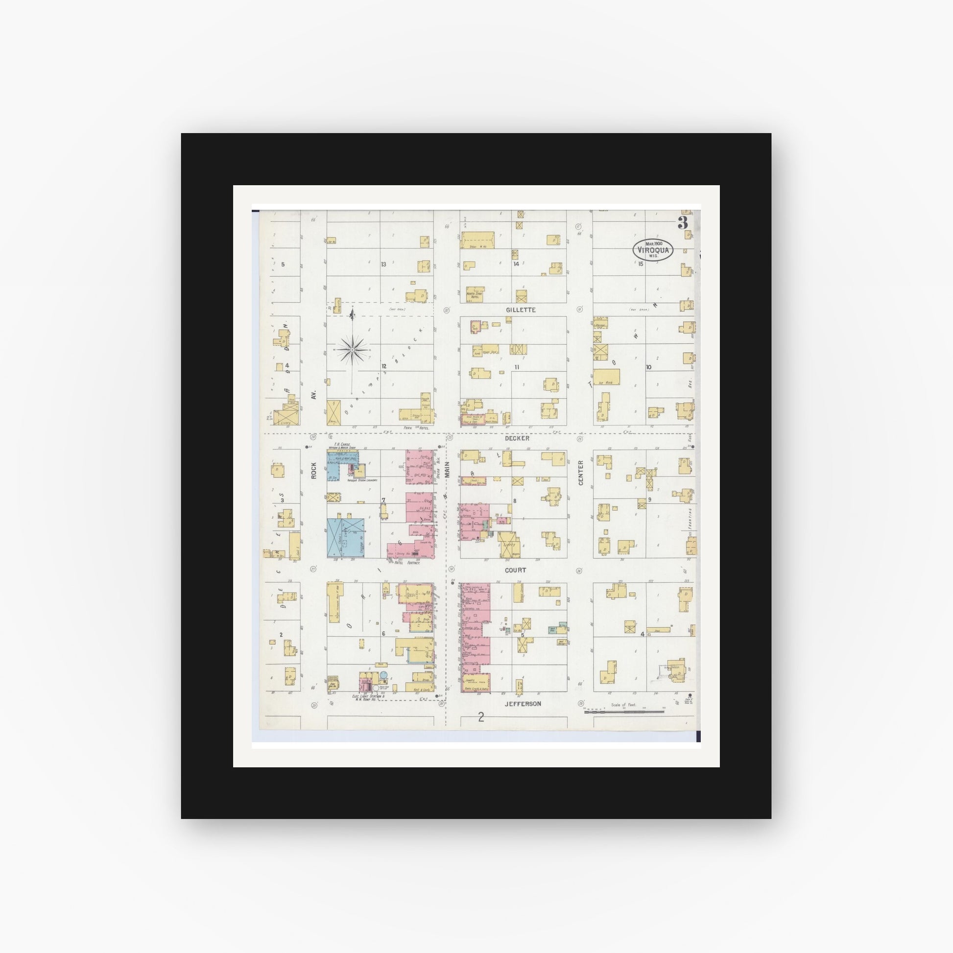 Old map wall art mockup — black gallery frame with white mat — Sanborn Fire Insurance Map from Viroqua, Vernon County, Wisconsin (1900), Sheet #0003