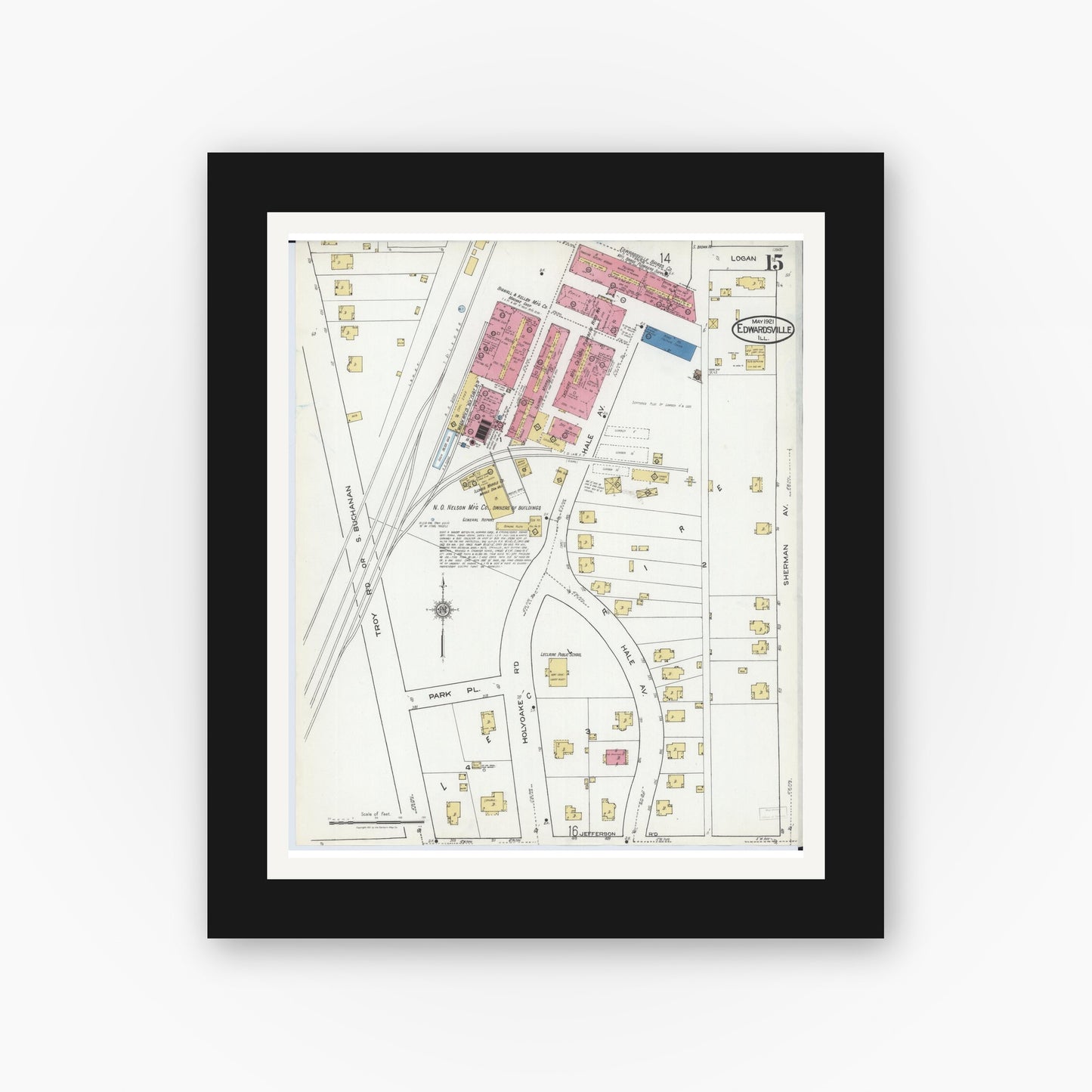 Old map wall art mockup — black gallery frame with white mat — Sanborn Fire Insurance Map from Edwardsville, Madison County, Illinois (1921), Sheet #0015