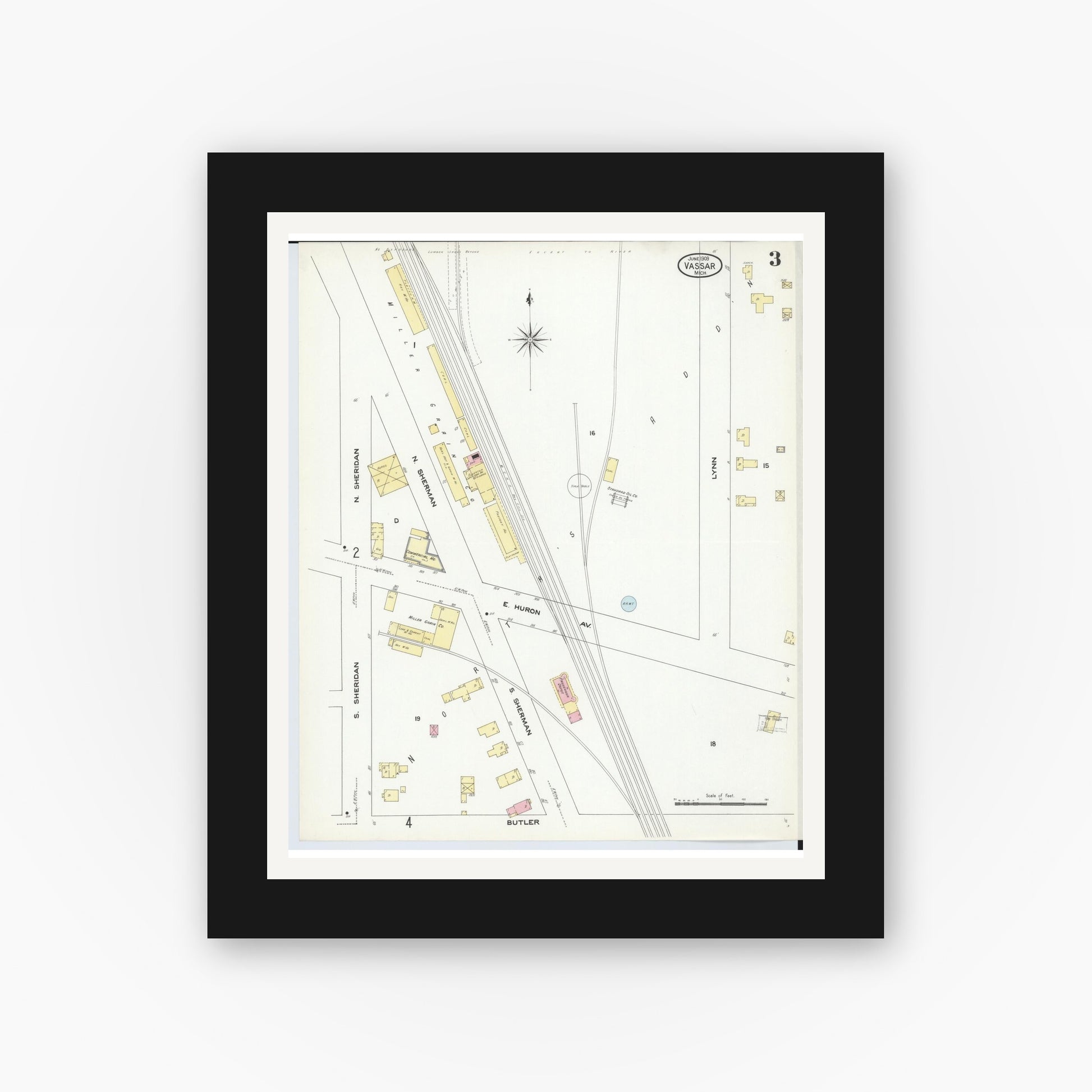 Old map wall art mockup — black gallery frame with white mat — Sanborn Fire Insurance Map from Vassar, Tuscola County, Michigan (1909), Sheet #0003
