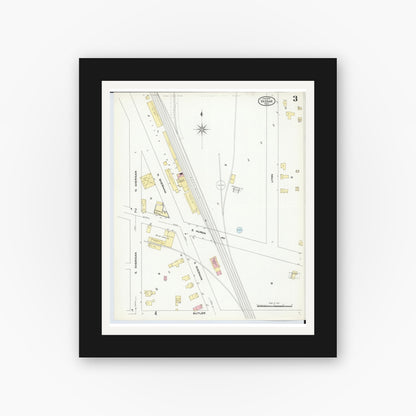 Old map wall art mockup — black gallery frame with white mat — Sanborn Fire Insurance Map from Vassar, Tuscola County, Michigan (1909), Sheet #0003