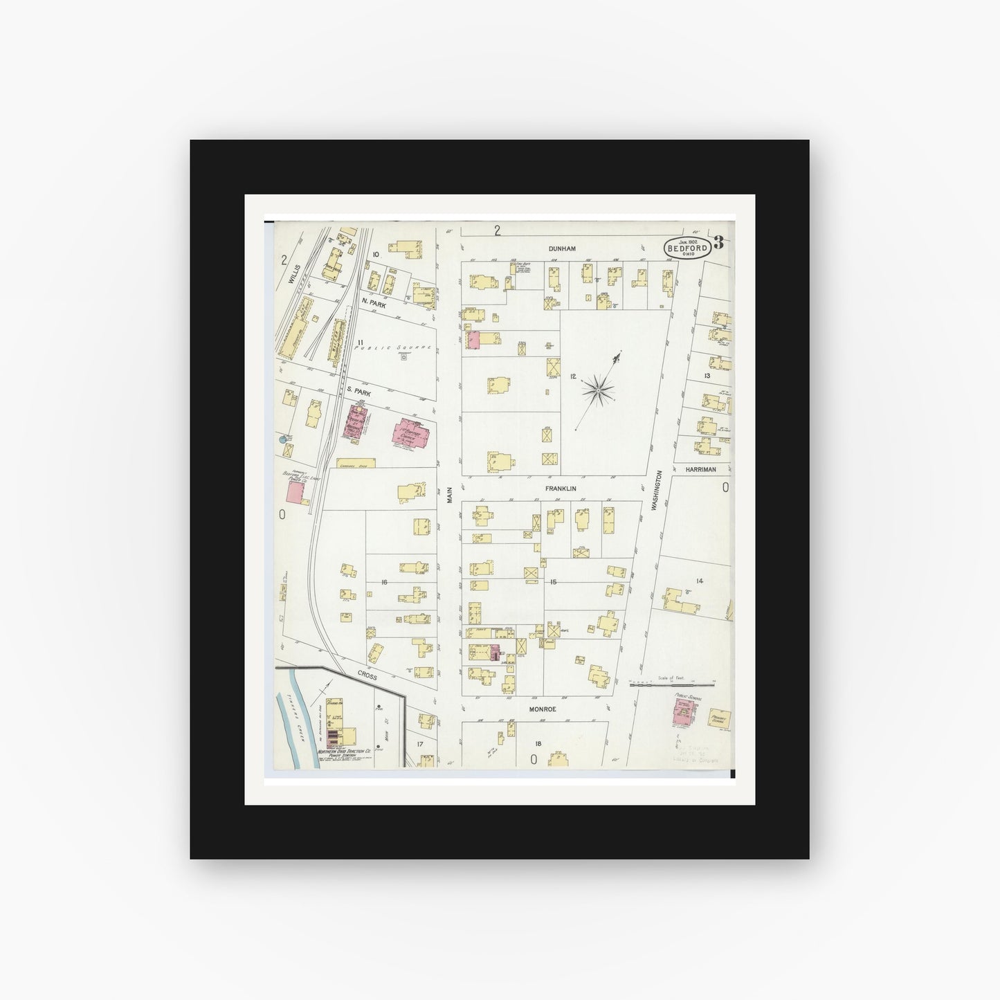 Old map wall art mockup — black gallery frame with white mat — Sanborn Fire Insurance Map from Bedford, Cuyahoga County, Ohio (1902), Sheet #0003
