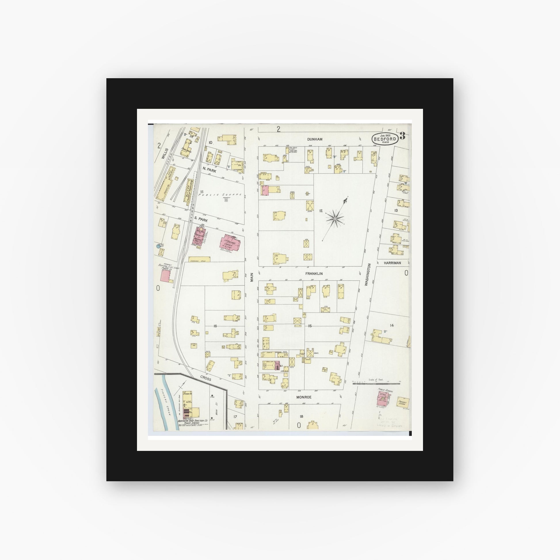 Old map wall art mockup — black gallery frame with white mat — Sanborn Fire Insurance Map from Bedford, Cuyahoga County, Ohio (1902), Sheet #0003