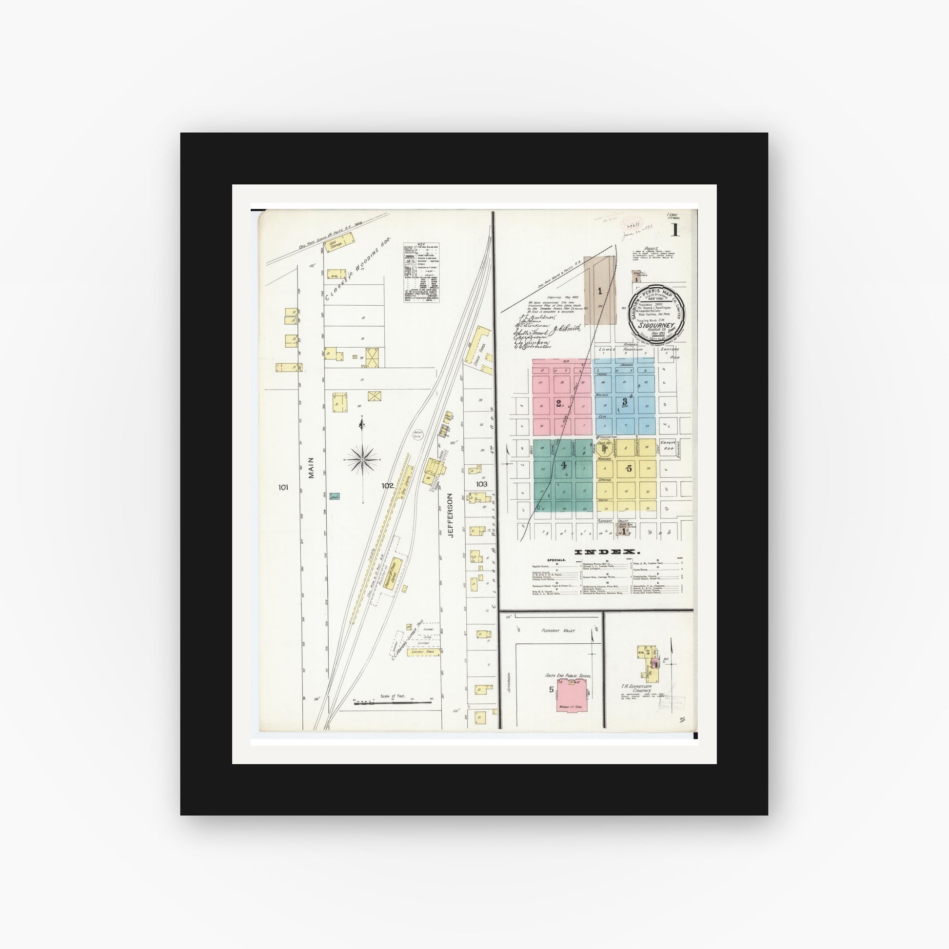 Old map wall art mockup — black gallery frame with white mat — Sanborn Fire Insurance Map from Sigourney, Kiokuk County, Iowa (1893), Sheet #0001