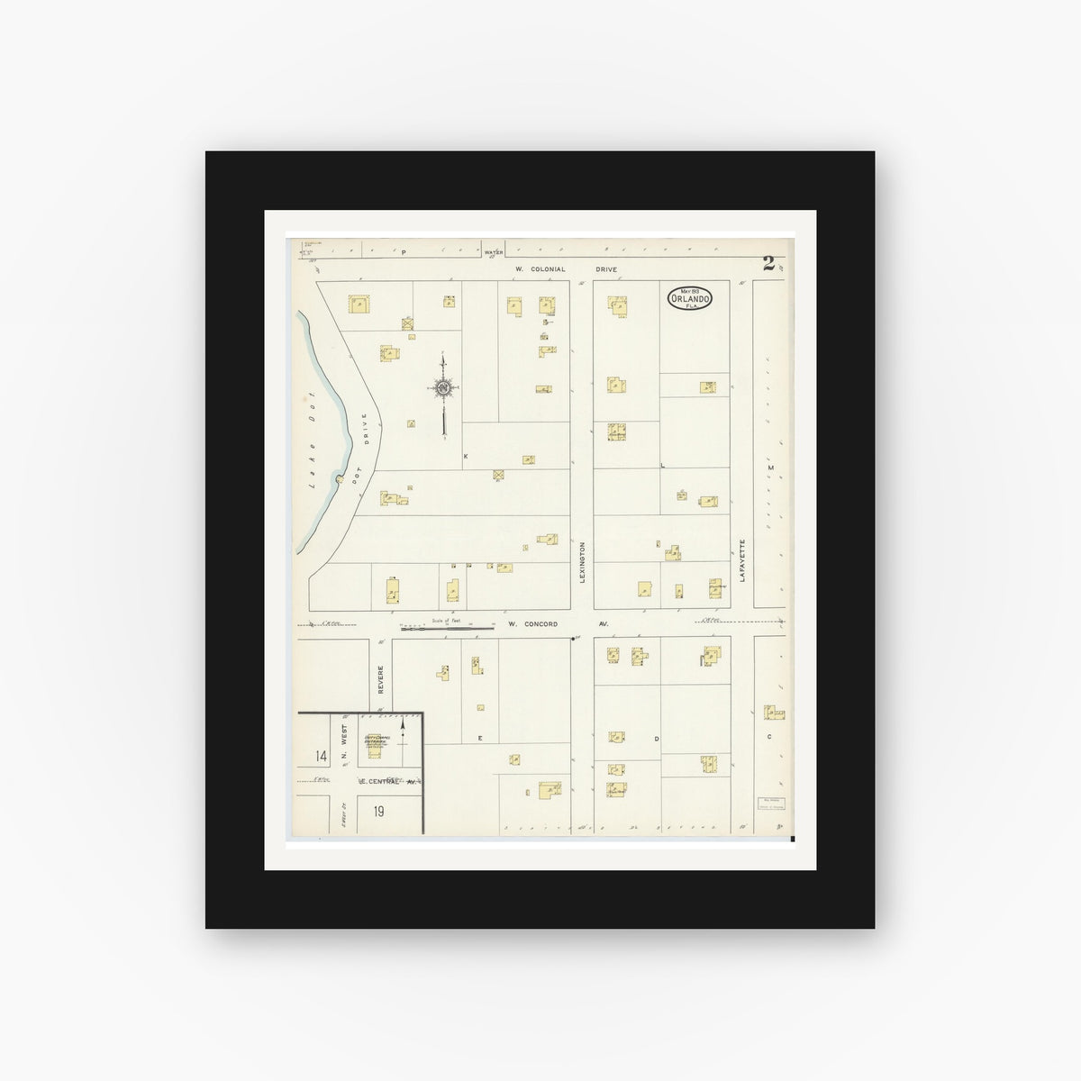 Old map wall art mockup — black gallery frame with white mat — Sanborn Fire Insurance Map from Orlando, Orange County, Florida (1913), Sheet #0002