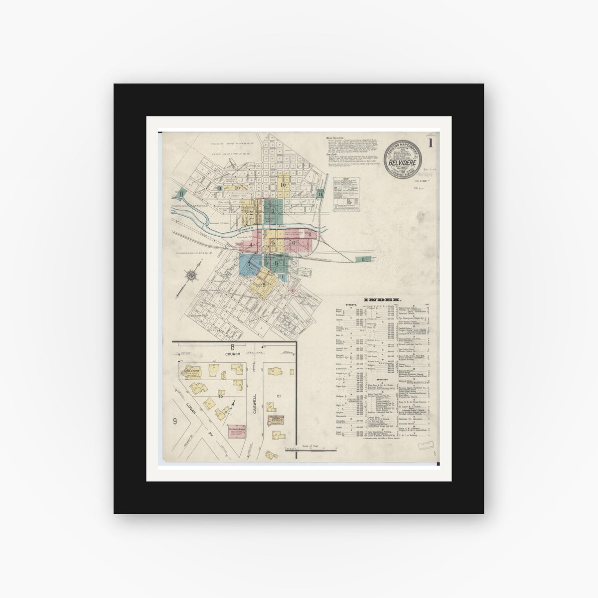 Old map wall art mockup — black gallery frame with white mat — Sanborn Fire Insurance Map from Belvidere, Boone County, Illinois (1912) - Complete Map Set