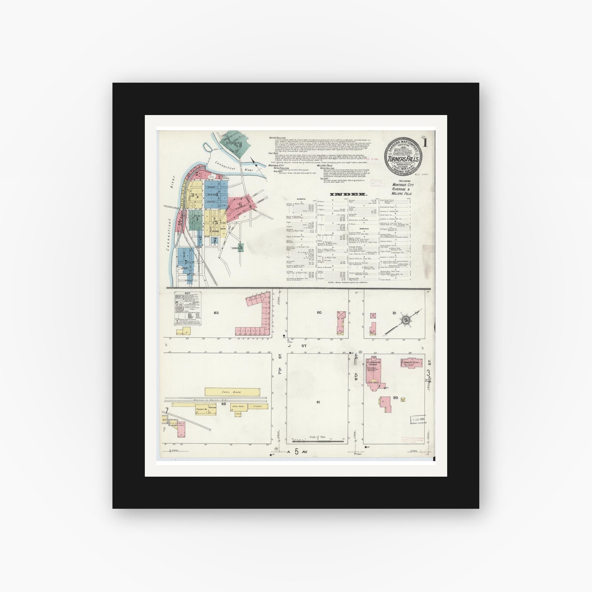 Old map wall art mockup — black gallery frame with white mat — Sanborn Fire Insurance Map from Turners Falls, Franklin County, Massachusetts (1909) - Complete Map Set