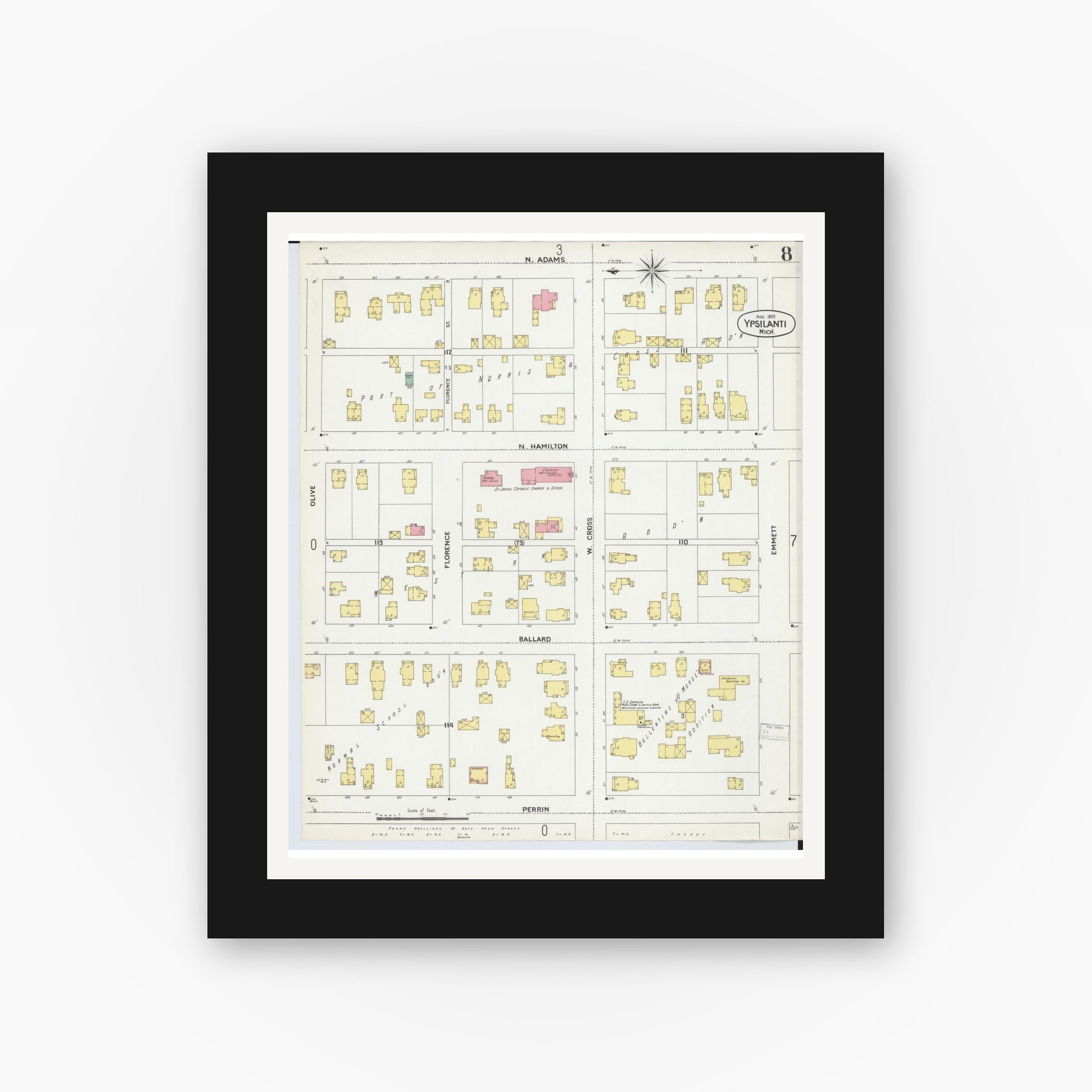 Old map wall art mockup — black gallery frame with white mat — Sanborn Fire Insurance Map from Ypsilanti, Washtenaw County, Michigan (1899), Sheet #0008