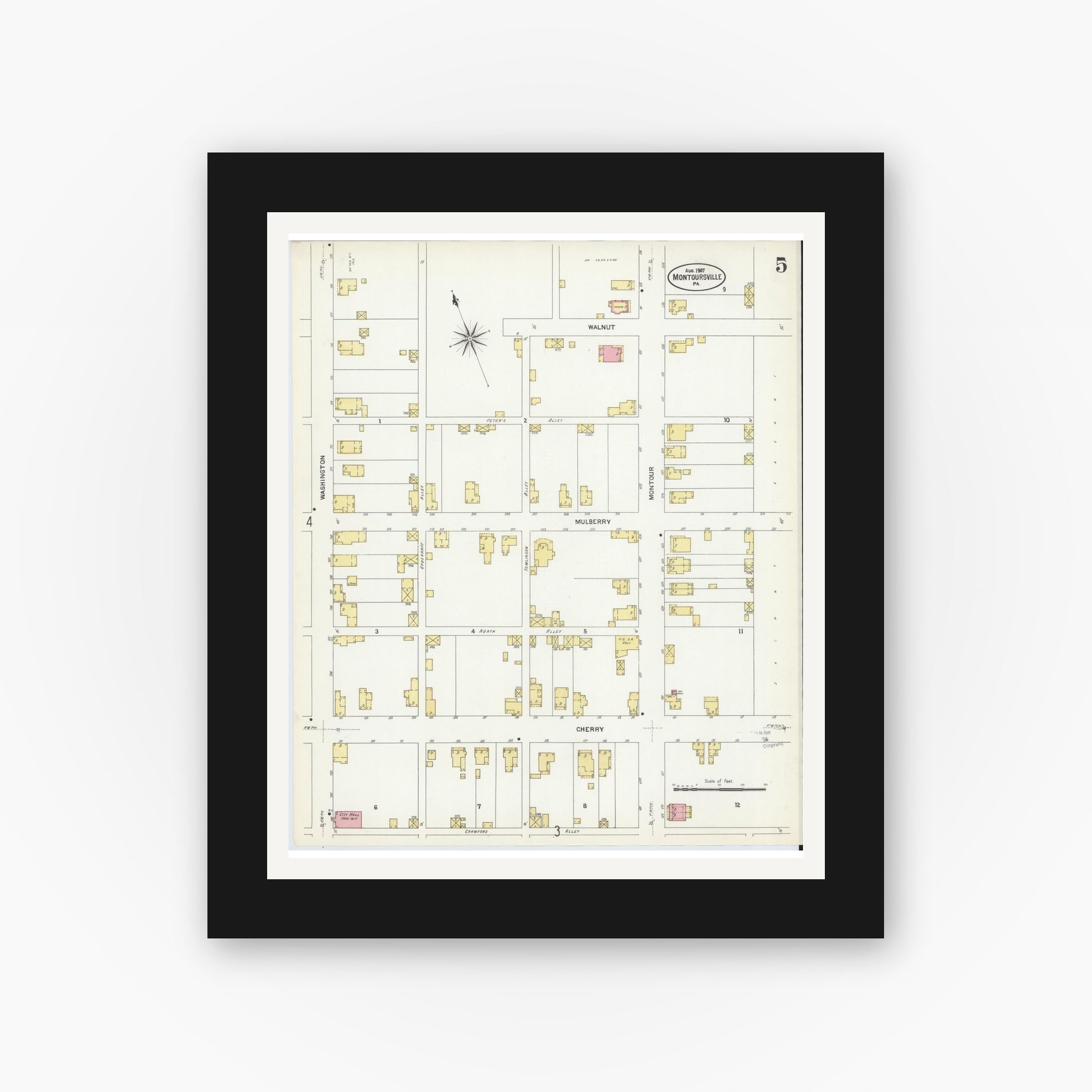 Old map wall art mockup — black gallery frame with white mat — Sanborn Fire Insurance Map from Montoursville, Lycoming County, Pennsylvania (1907), Sheet #0005