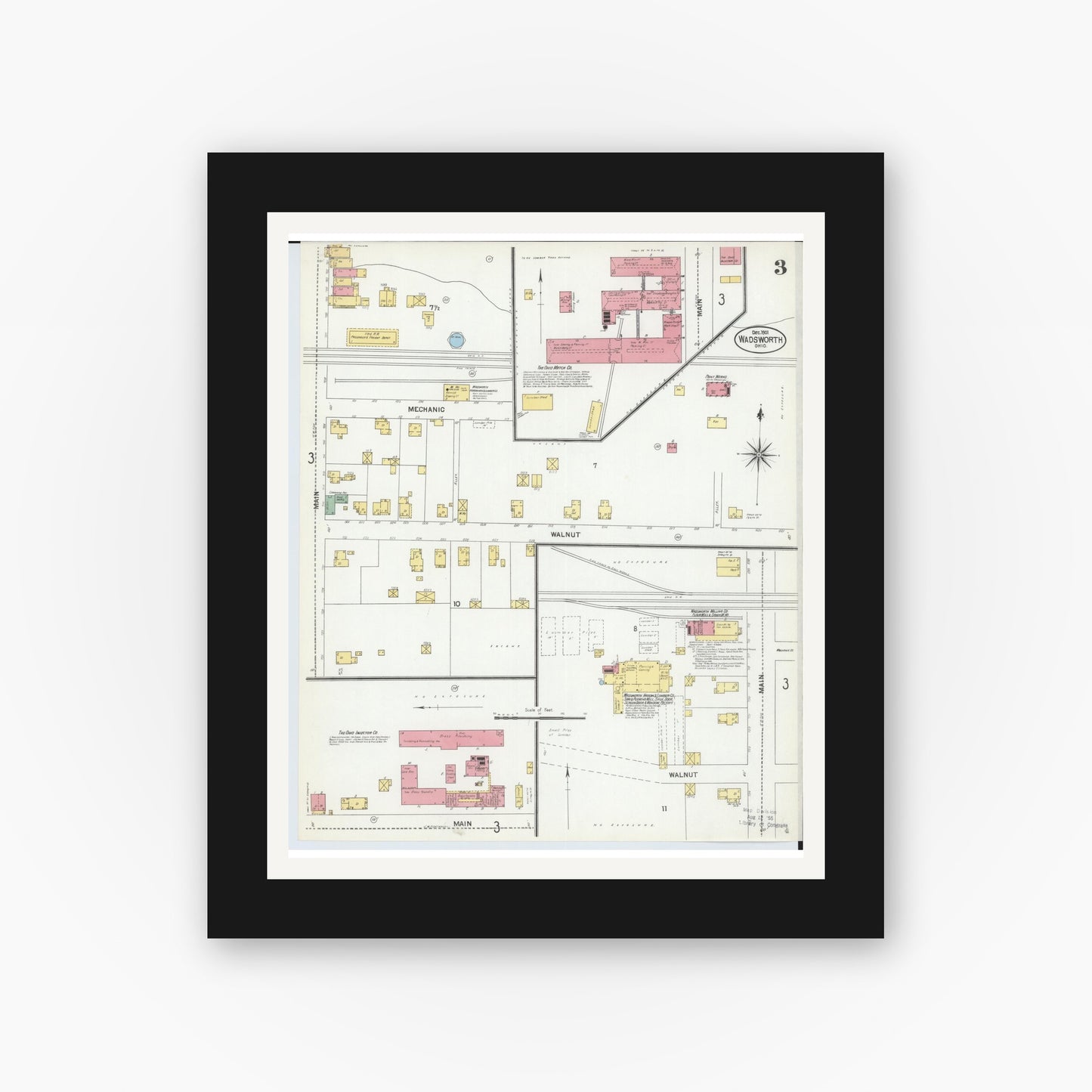 Old map wall art mockup — black gallery frame with white mat — Sanborn Fire Insurance Map from Wadsworth, Medina County, Ohio (1901), Sheet #0003