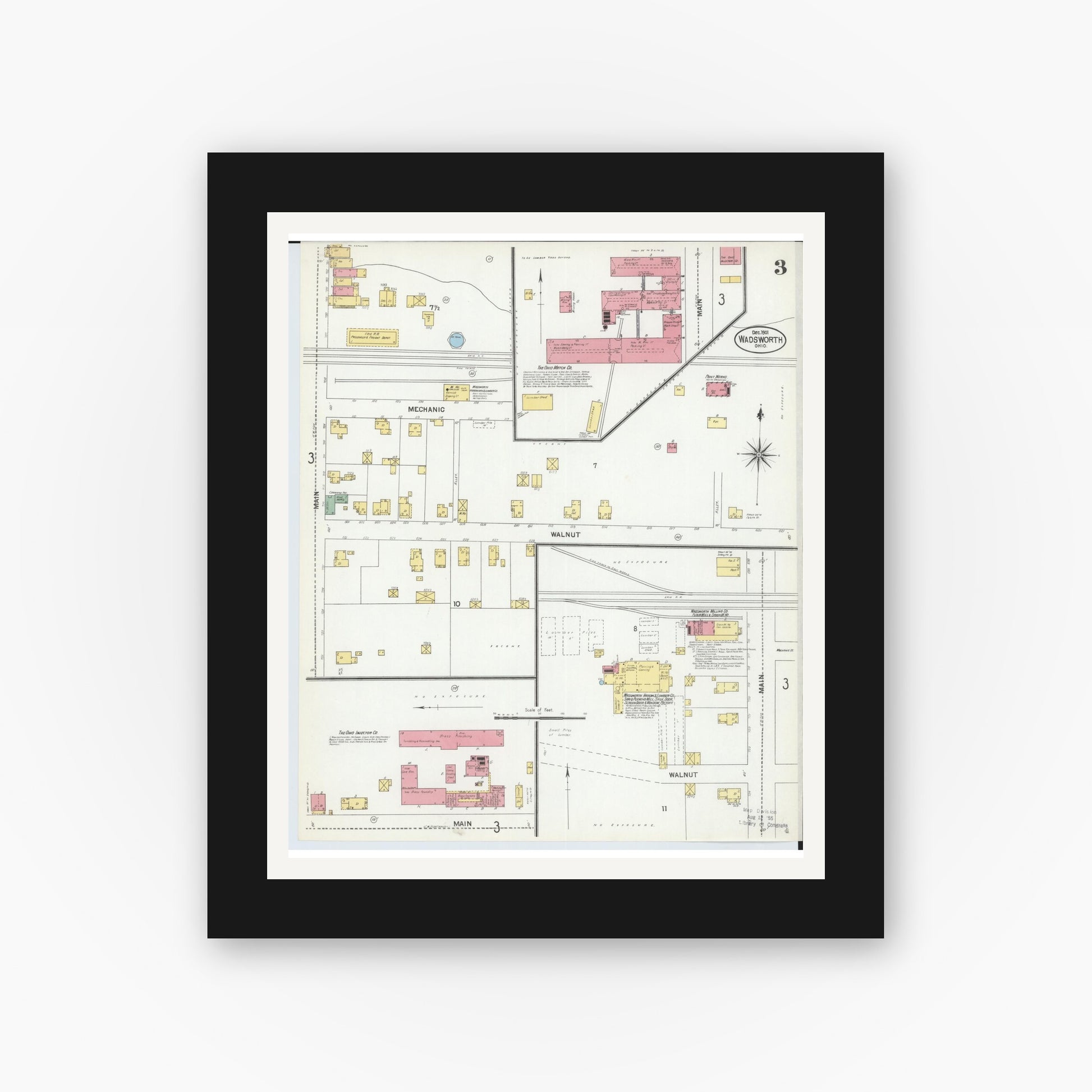 Old map wall art mockup — black gallery frame with white mat — Sanborn Fire Insurance Map from Wadsworth, Medina County, Ohio (1901), Sheet #0003