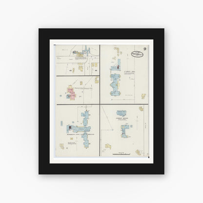 Old map wall art mockup — black gallery frame with white mat — Sanborn Fire Insurance Map from Faribault, Rice County, Minnesota (1889), Sheet #0009
