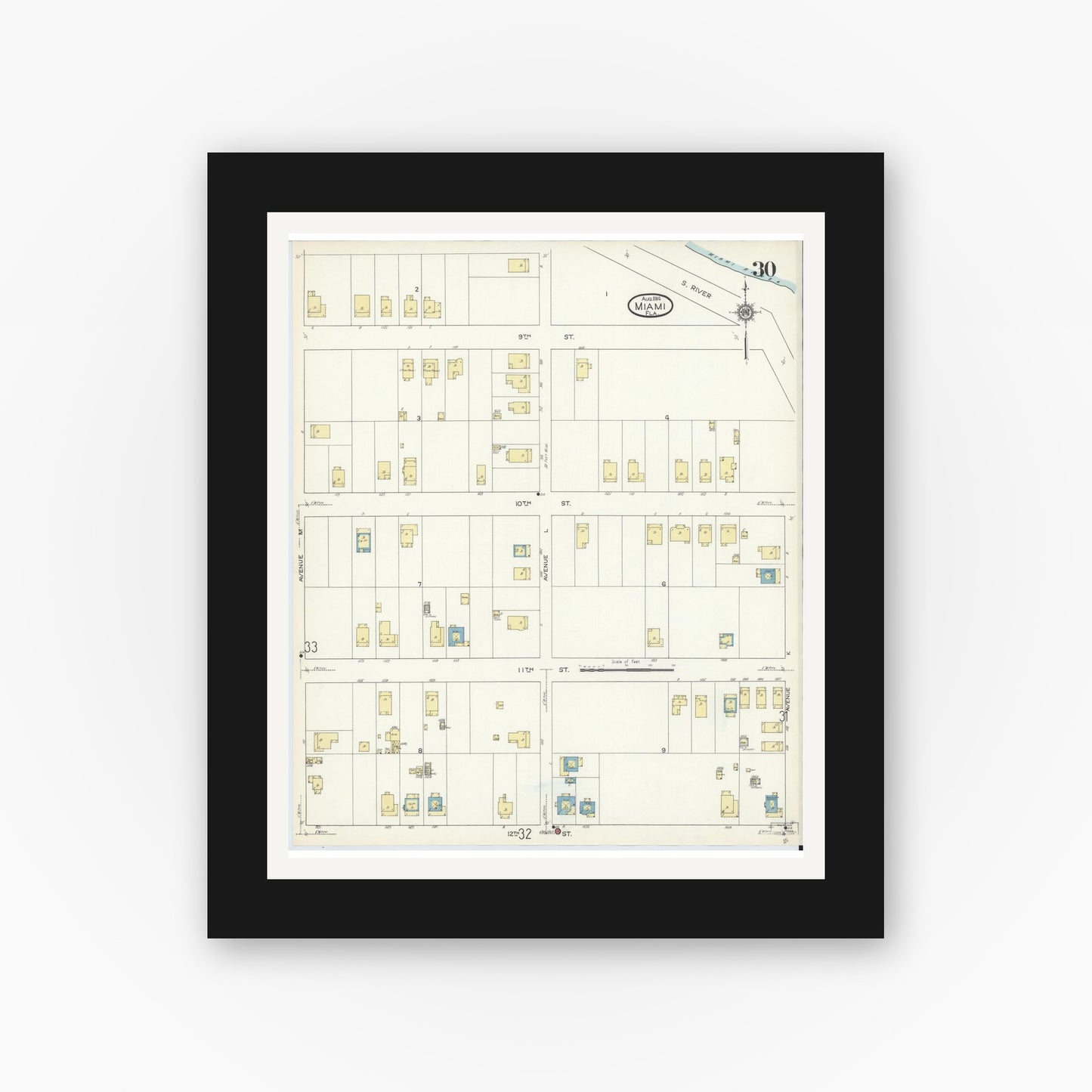 Old map wall art mockup — black gallery frame with white mat — Sanborn Fire Insurance Map from Miami, Dade County, Florida (1914), Sheet #0030