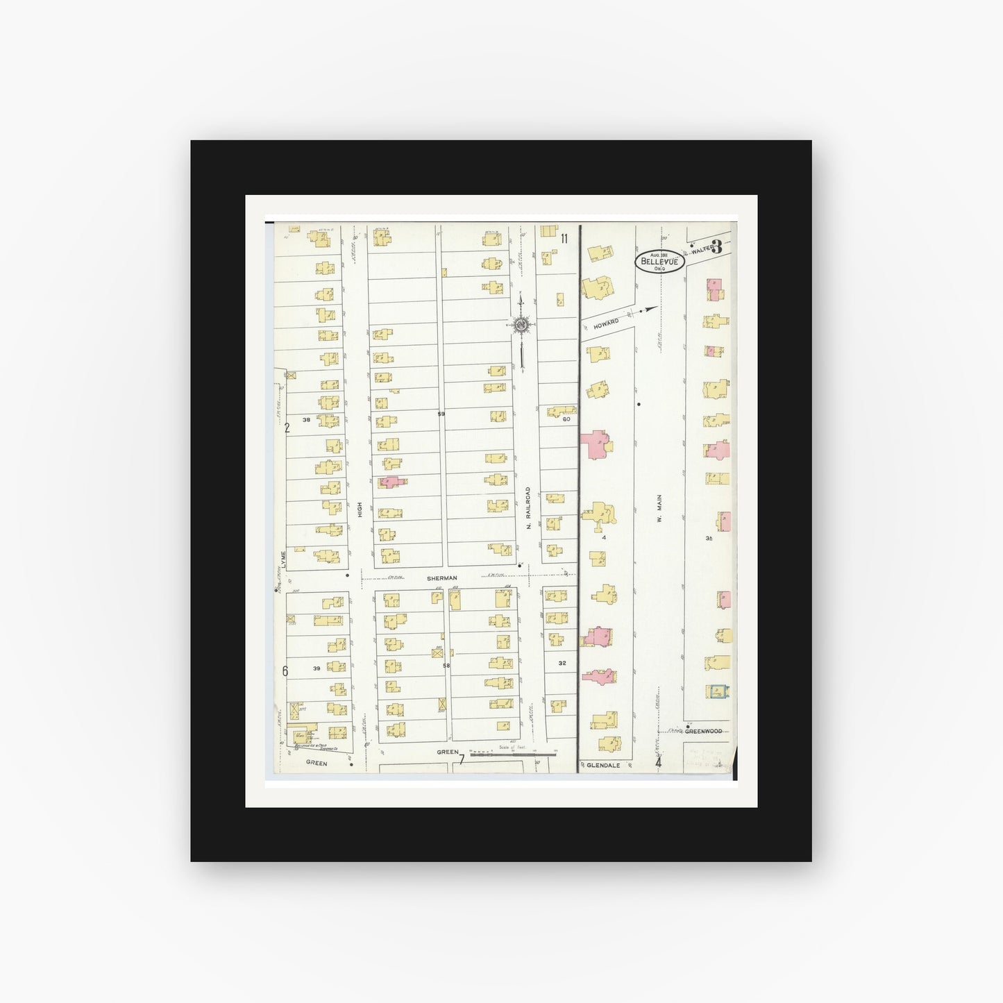 Old map wall art mockup — black gallery frame with white mat — Sanborn Fire Insurance Map from Bellevue, Huron And Sandusky County, Ohio (1911), Sheet #0003