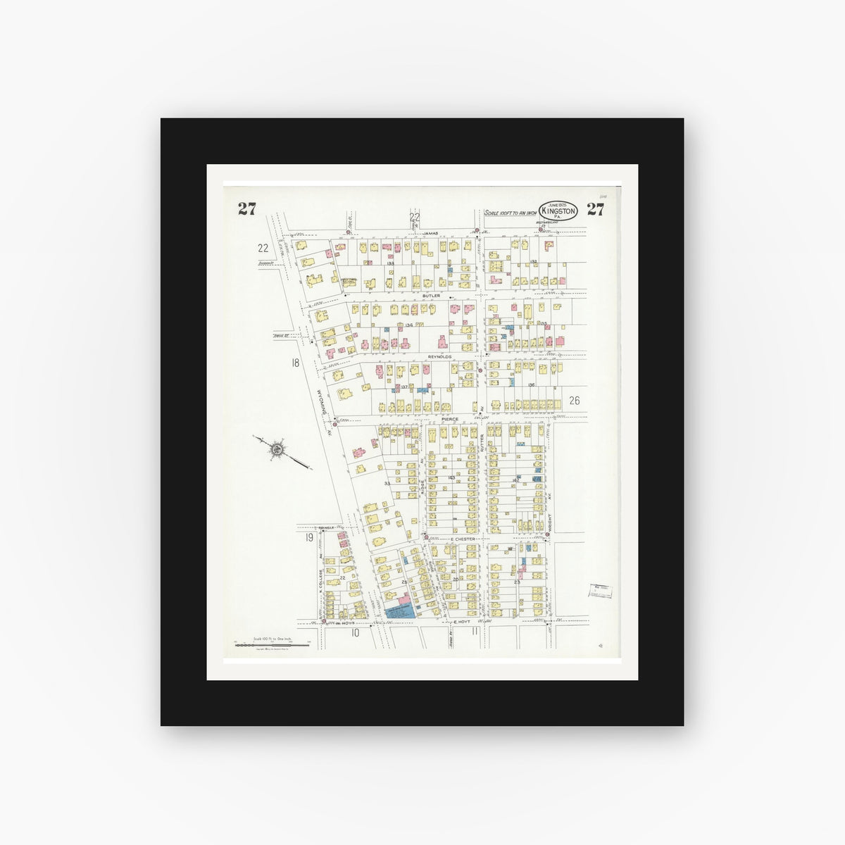 Old map wall art mockup — black gallery frame with white mat — Sanborn Fire Insurance Map from Kingston, Luzerne County, Pennsylvania (1925), Sheet #0027