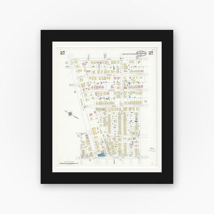 Old map wall art mockup — black gallery frame with white mat — Sanborn Fire Insurance Map from Kingston, Luzerne County, Pennsylvania (1925), Sheet #0027