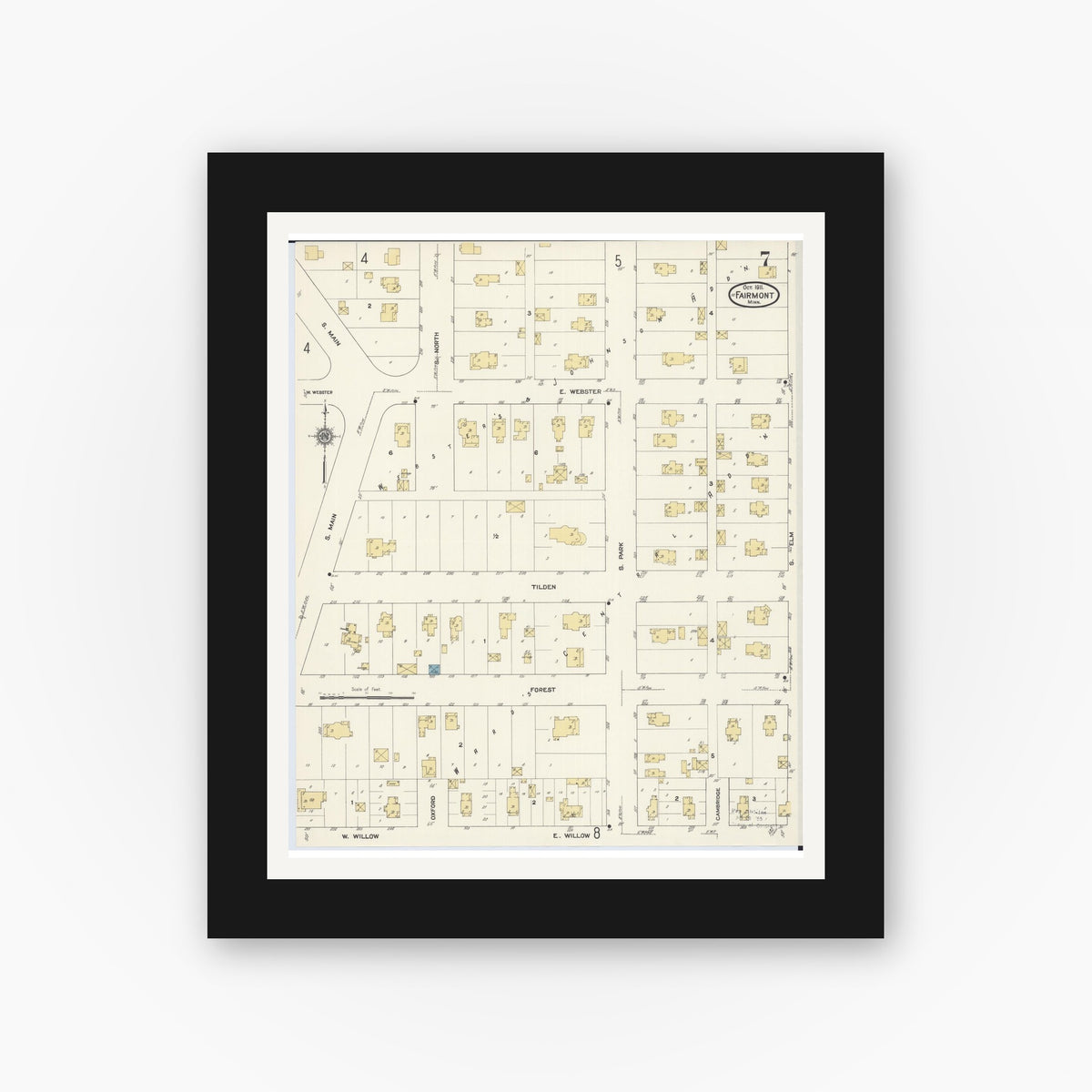 Old map wall art mockup — black gallery frame with white mat — Sanborn Fire Insurance Map from Fairmont, Martin County, Minnesota (1911), Sheet #0007