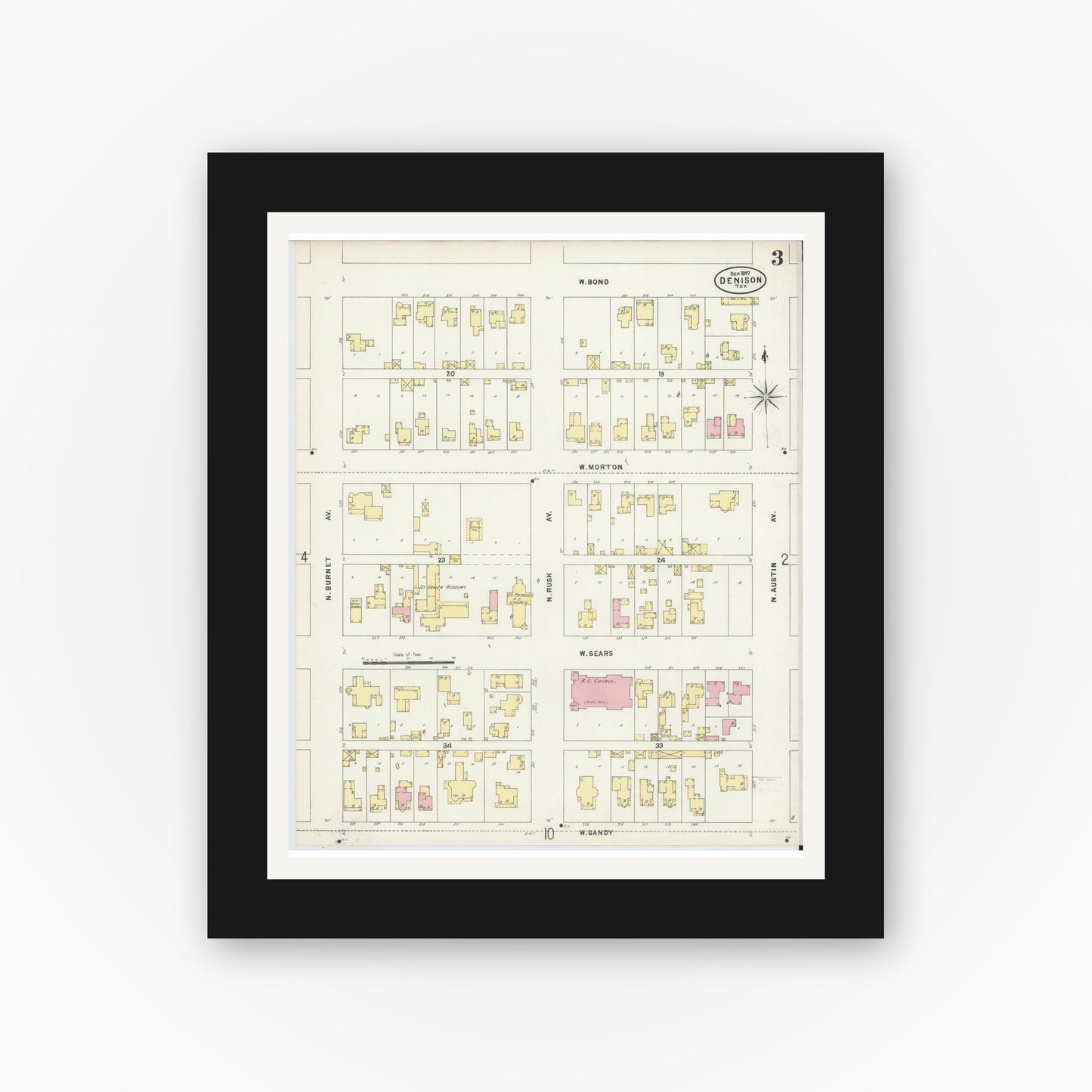 Old map wall art mockup — black gallery frame with white mat — Sanborn Fire Insurance Map from Denison, Grayson County, Texas (1897), Sheet #0003