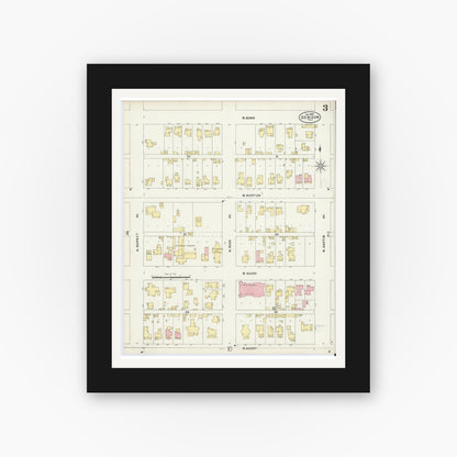 Old map wall art mockup — black gallery frame with white mat — Sanborn Fire Insurance Map from Denison, Grayson County, Texas (1897), Sheet #0003