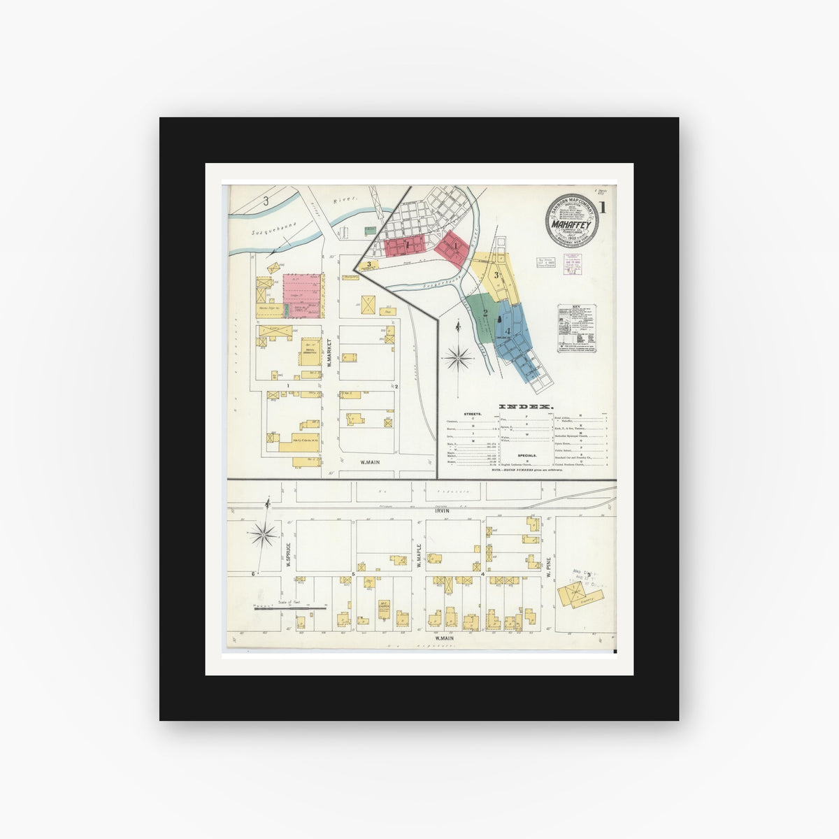 Old map wall art mockup — black gallery frame with white mat — Sanborn Fire Insurance Map from Mahaffly, Clearfield County, Pennsylvania (1903), Sheet #0001