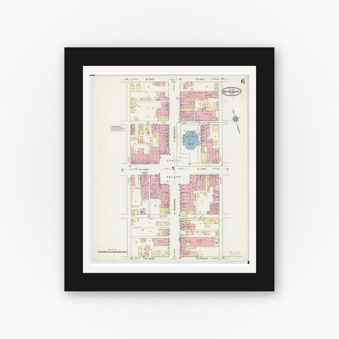 Old map wall art mockup — black gallery frame with white mat — Sanborn Fire Insurance Map from New Philadelphia, Tuscarawas County, Ohio (1914), Sheet #0006