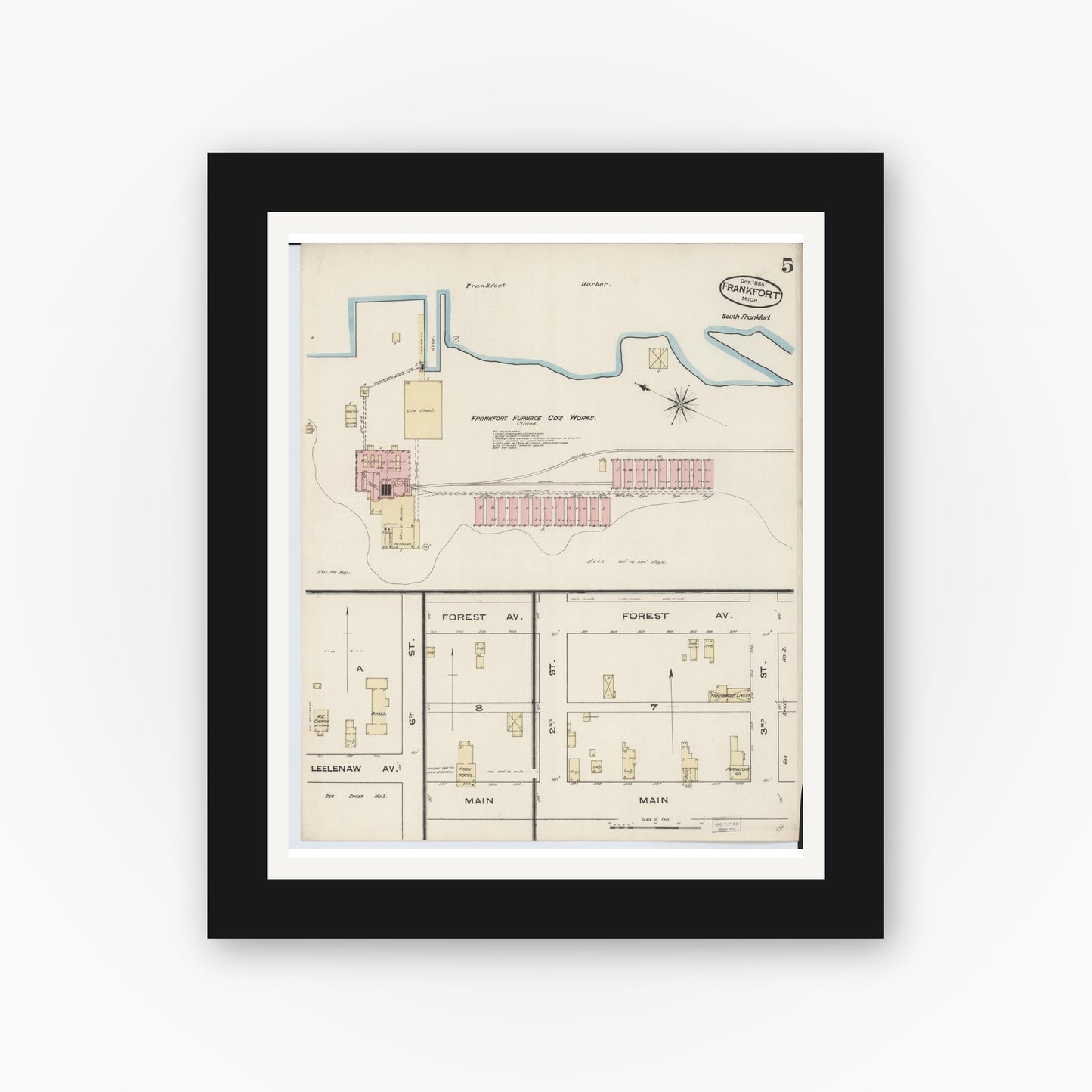 Old map wall art mockup — black gallery frame with white mat — Sanborn Fire Insurance Map from Frankfort, Benzie County, Michigan (1885), Sheet #0005