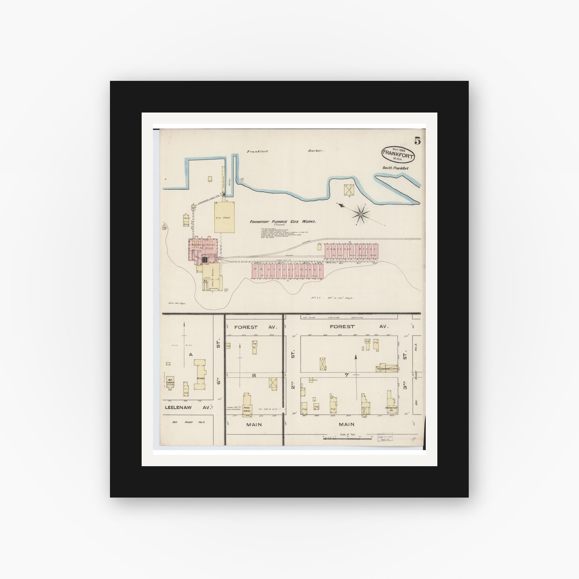 Old map wall art mockup — black gallery frame with white mat — Sanborn Fire Insurance Map from Frankfort, Benzie County, Michigan (1885), Sheet #0005