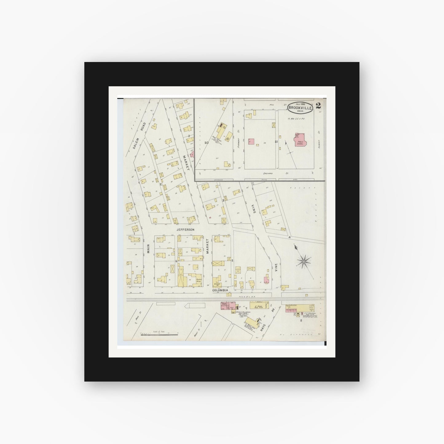 Old map wall art mockup — black gallery frame with white mat — Sanborn Fire Insurance Map from Brookville, Montgomery County, Ohio (1895), Sheet #0002