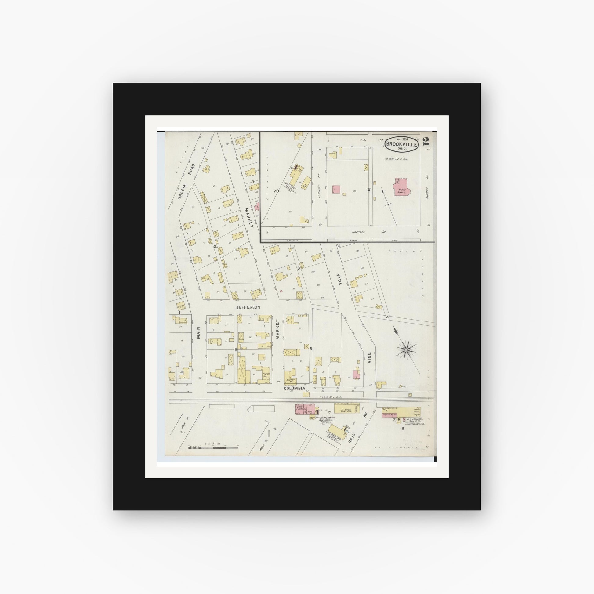 Old map wall art mockup — black gallery frame with white mat — Sanborn Fire Insurance Map from Brookville, Montgomery County, Ohio (1895), Sheet #0002
