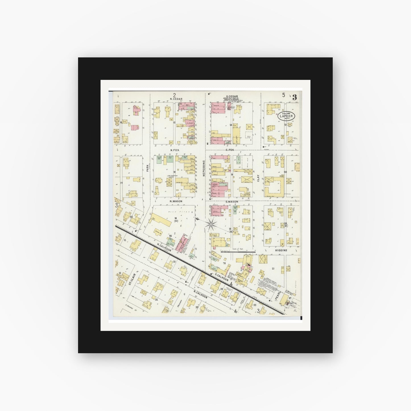 Old map wall art mockup — black gallery frame with white mat — Sanborn Fire Insurance Map from Lapeer, Lapeer County, Michigan (1898), Sheet #0003