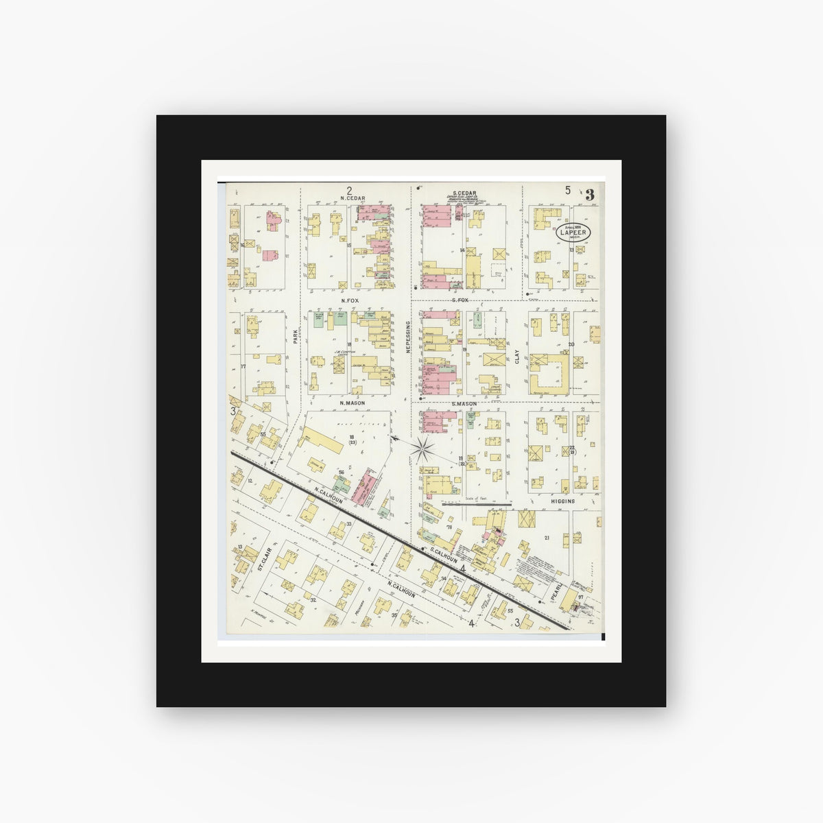 Old map wall art mockup — black gallery frame with white mat — Sanborn Fire Insurance Map from Lapeer, Lapeer County, Michigan (1898), Sheet #0003
