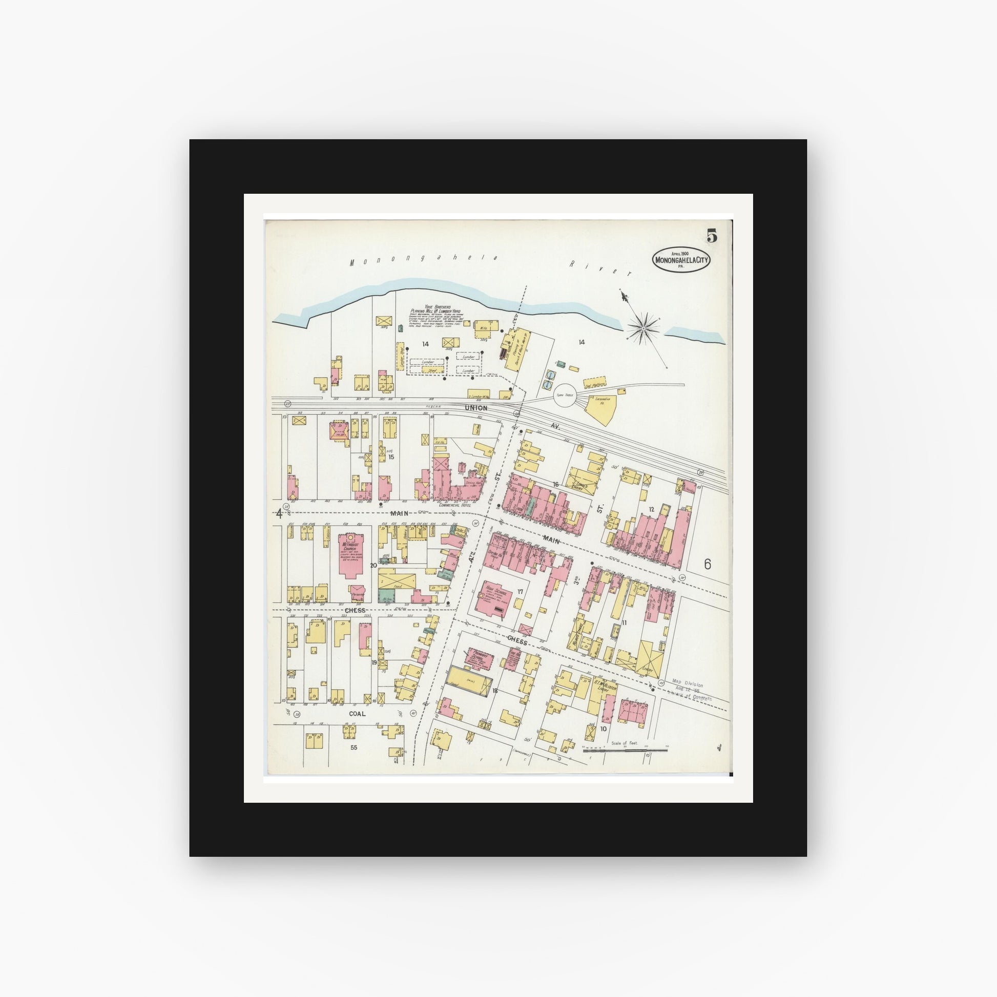 Old map wall art mockup — black gallery frame with white mat — Sanborn Fire Insurance Map from Monongahela City, Washington County, Pennsylvania (1900), Sheet #0005