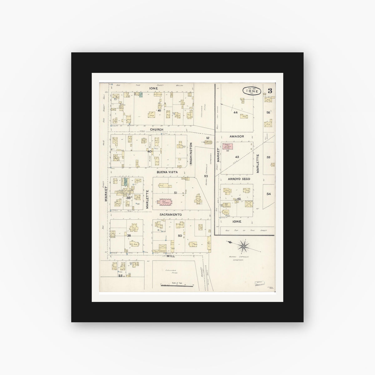 Old map wall art mockup — black gallery frame with white mat — Sanborn Fire Insurance Map from Ione, Amador County, California (1891), Sheet #0003