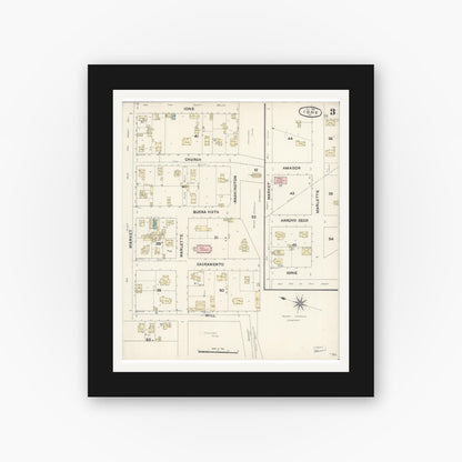 Old map wall art mockup — black gallery frame with white mat — Sanborn Fire Insurance Map from Ione, Amador County, California (1891), Sheet #0003