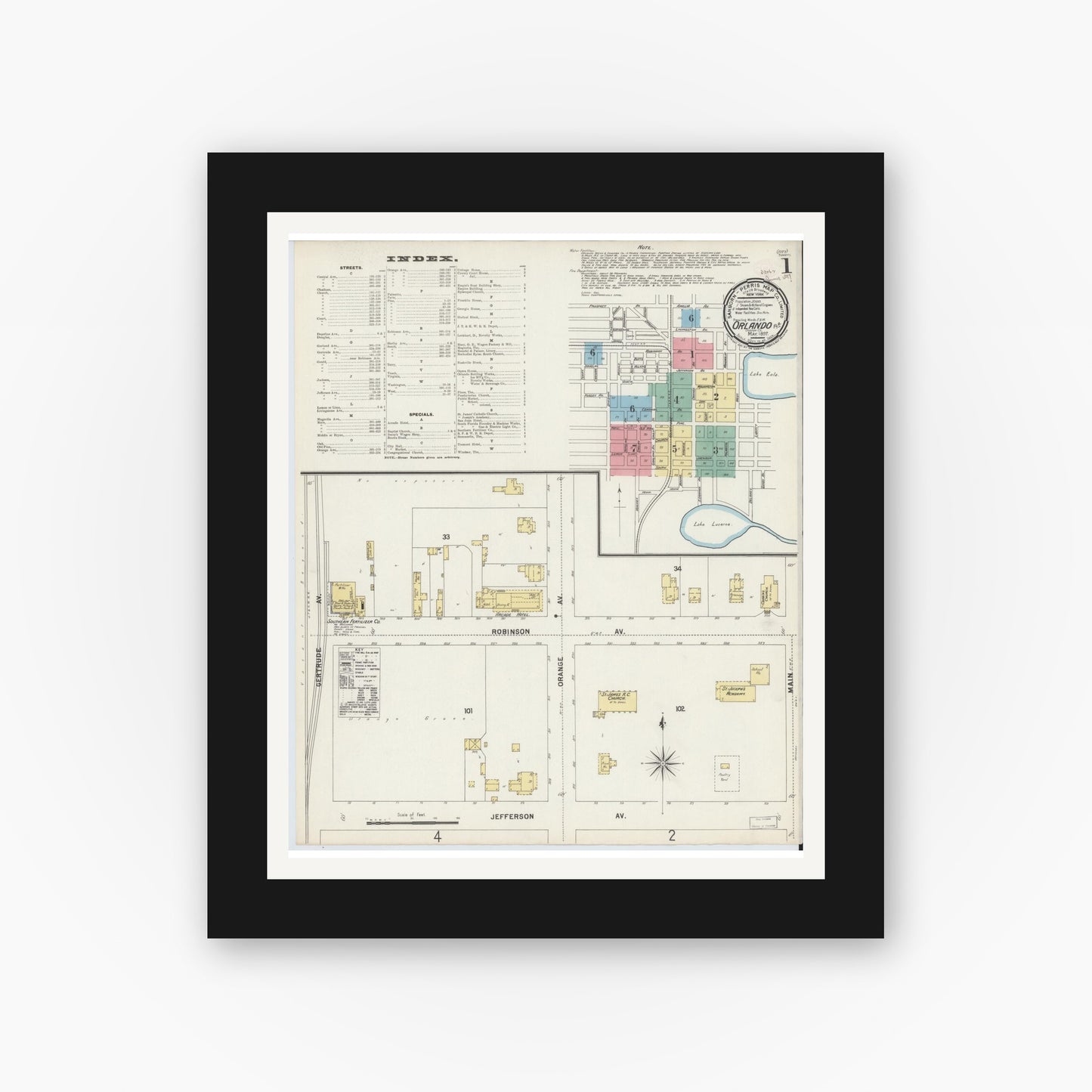 Old map wall art mockup — black gallery frame with white mat — Sanborn Fire Insurance Map from Orlando, Orange County, Florida (1897) - Complete Map Set