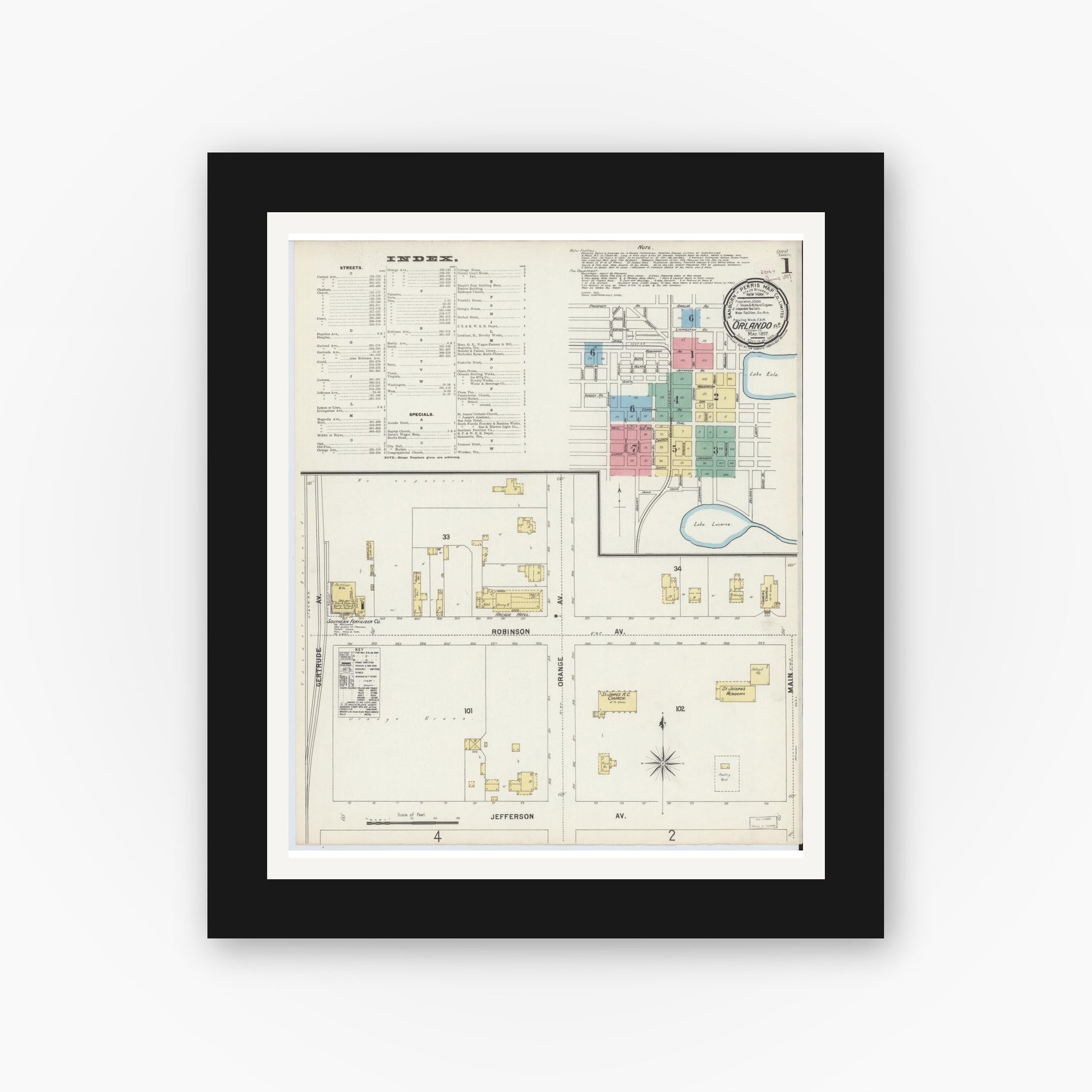 Old map wall art mockup — black gallery frame with white mat — Sanborn Fire Insurance Map from Orlando, Orange County, Florida (1897) - Complete Map Set