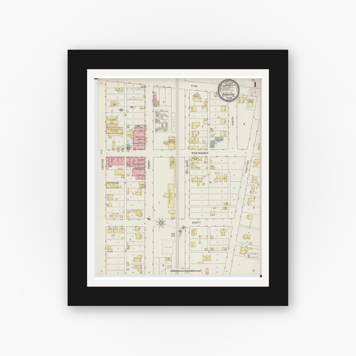 Old map wall art mockup — black gallery frame with white mat — Sanborn Fire Insurance Map from Sikeston, Scott County, Missouri (1895), Sheet #0001