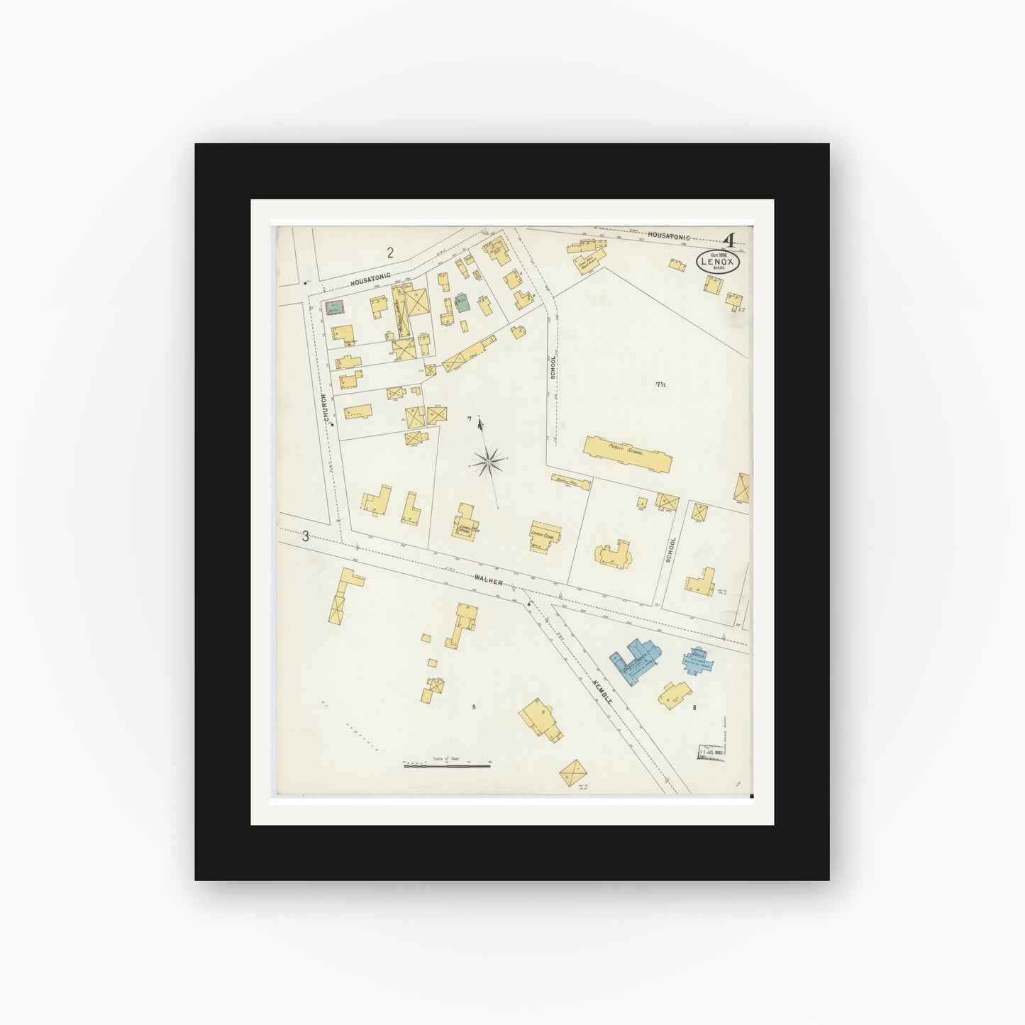 Old map wall art mockup — black gallery frame with white mat — Sanborn Fire Insurance Map from Lenox, Berkshire County, Massachusetts (1898), Sheet #0004