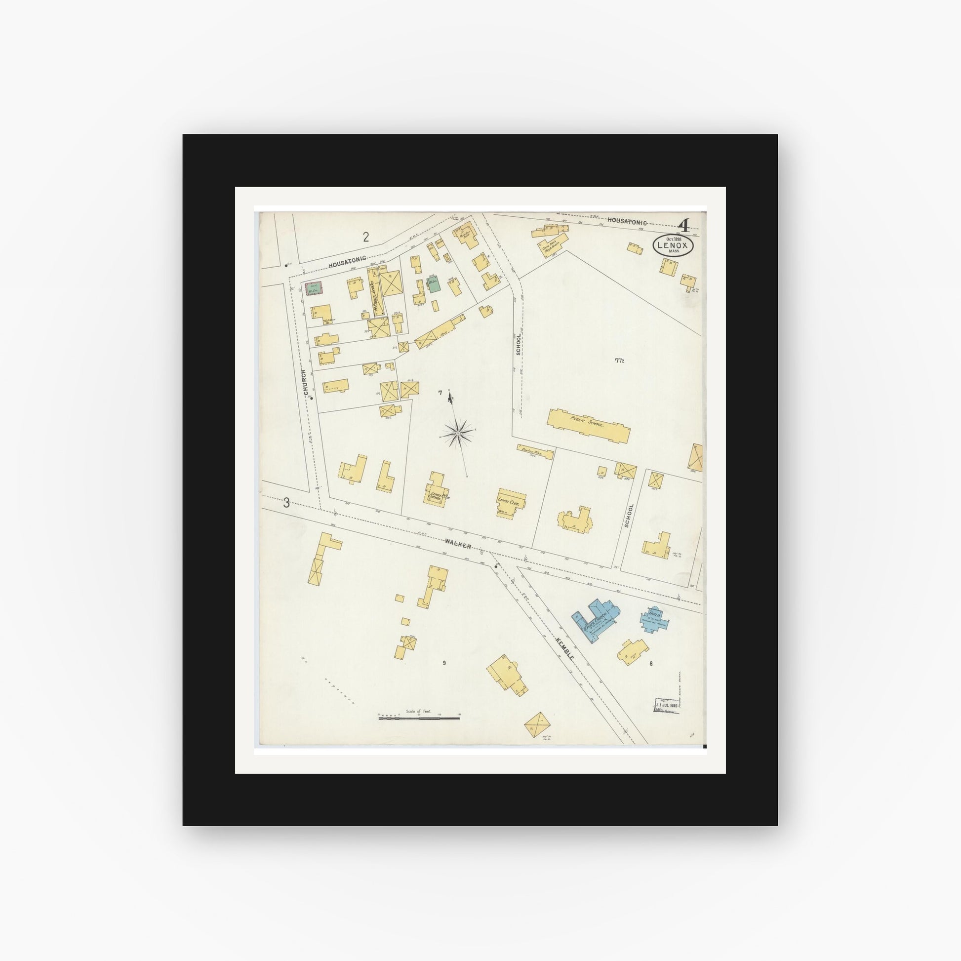 Old map wall art mockup — black gallery frame with white mat — Sanborn Fire Insurance Map from Lenox, Berkshire County, Massachusetts (1898), Sheet #0004