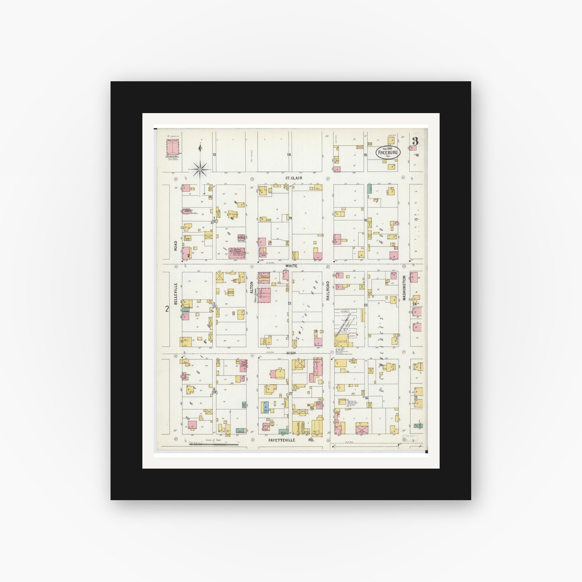 Old map wall art mockup — black gallery frame with white mat — Sanborn Fire Insurance Map from Freeburg, Saint Clair County, Illinois (1900), Sheet #0003
